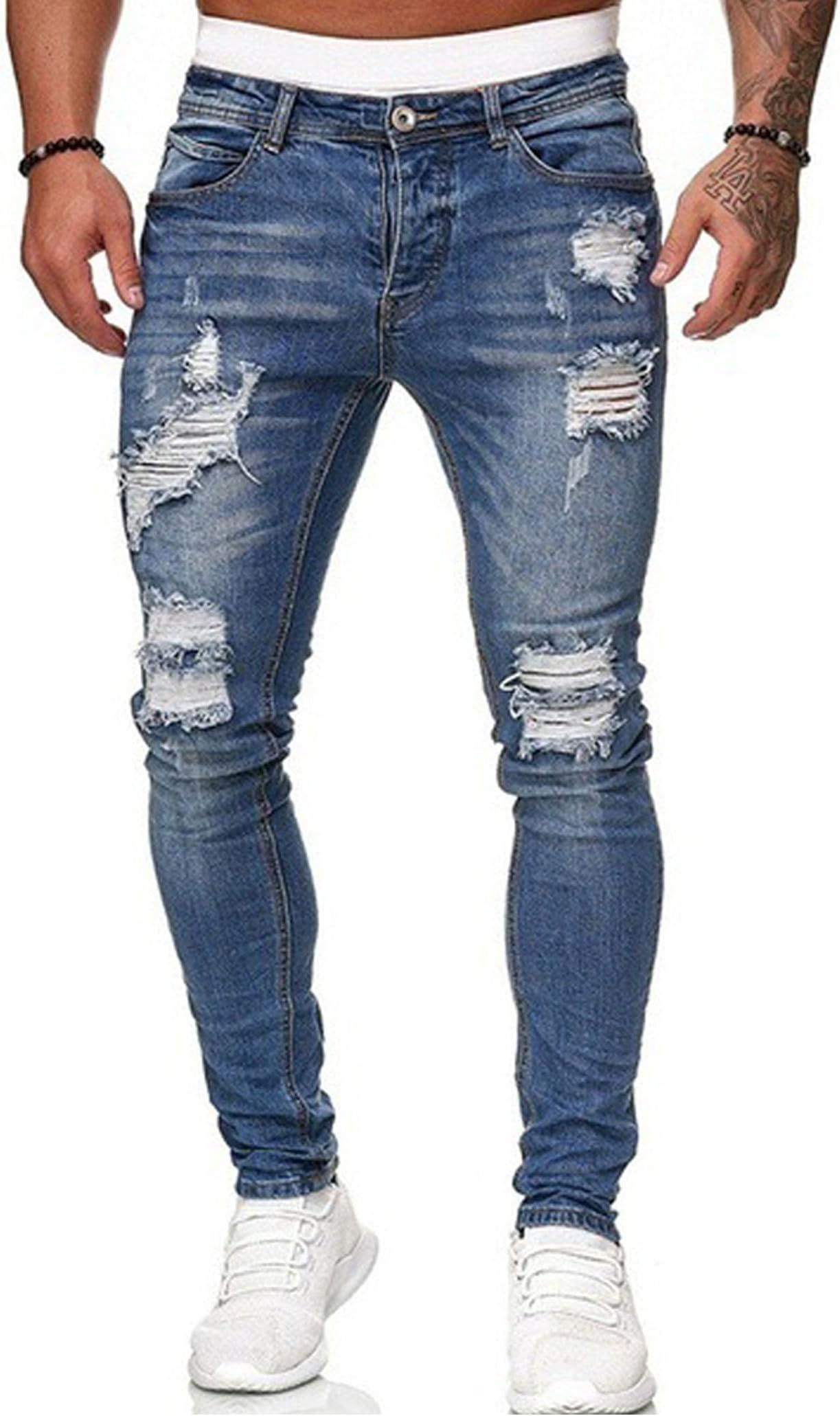 Men's Blue Slim Fit Jeans Stretch Destroyed Ripped Skinny Jeans Side Striped Denim Pants