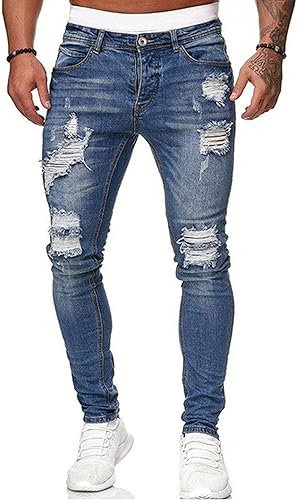 HUNGSON Men's Blue Slim Fit Jeans Stretch Destroyed Ripped Skinny Jeans Side Striped Denim Pants