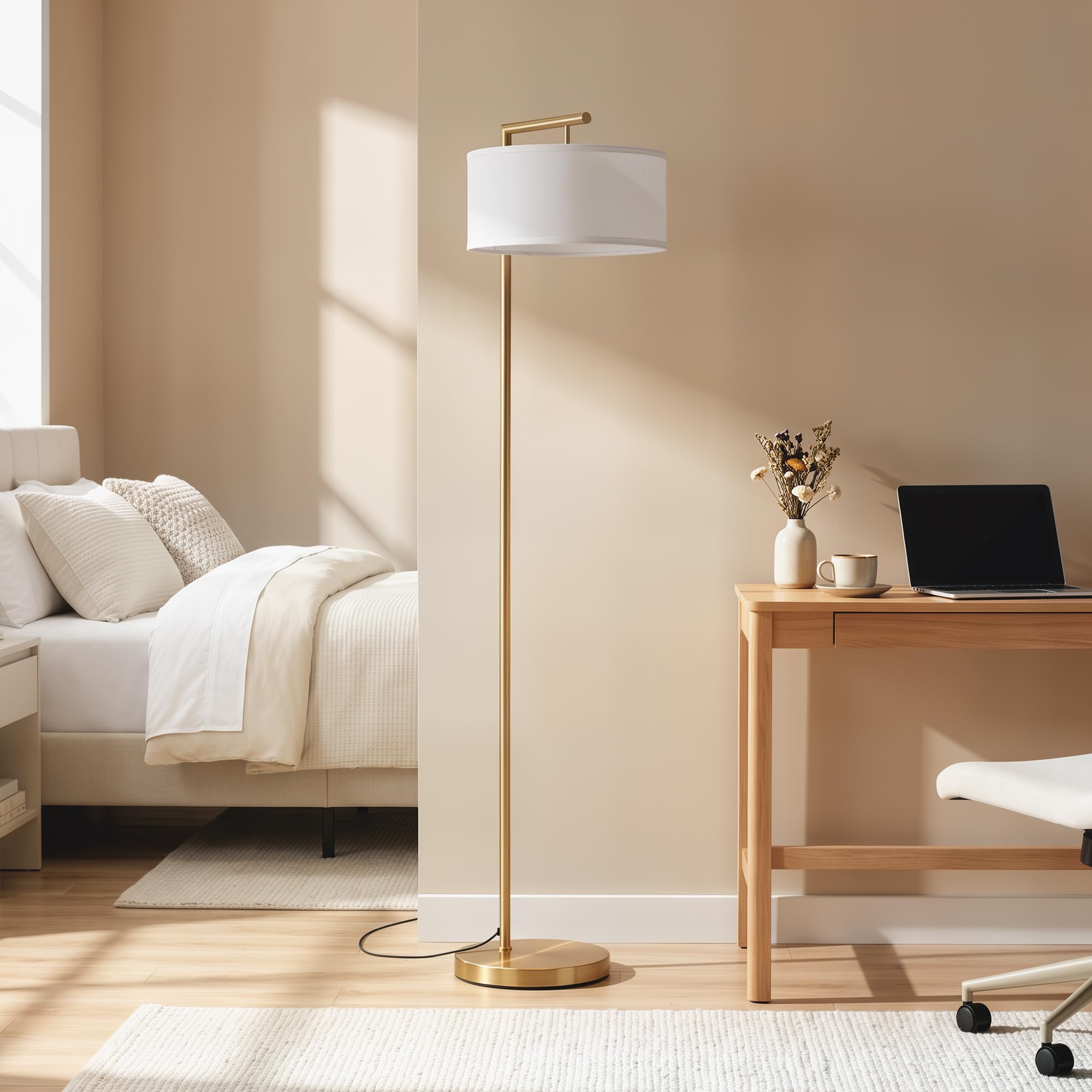 HOMCOM Lampadaire Lampe à Pied Base Ronde Stable 47x37x153 cm Or et Blanc