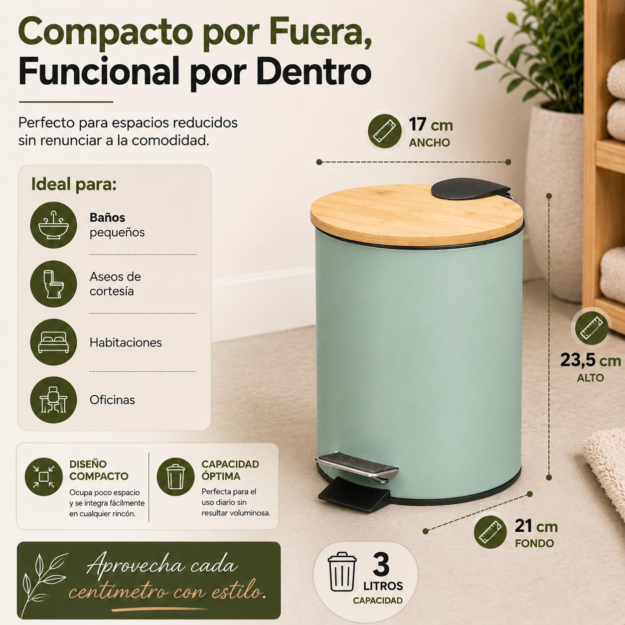 TIENDA EURASIA – Cestino bagno | metallo + coperchio in bambù | capacità 3 l | misure 17 x 21 x 23,5 cm e secchio interno 16,8 x 16,8 x 18,2 | con pedale (verde menta)