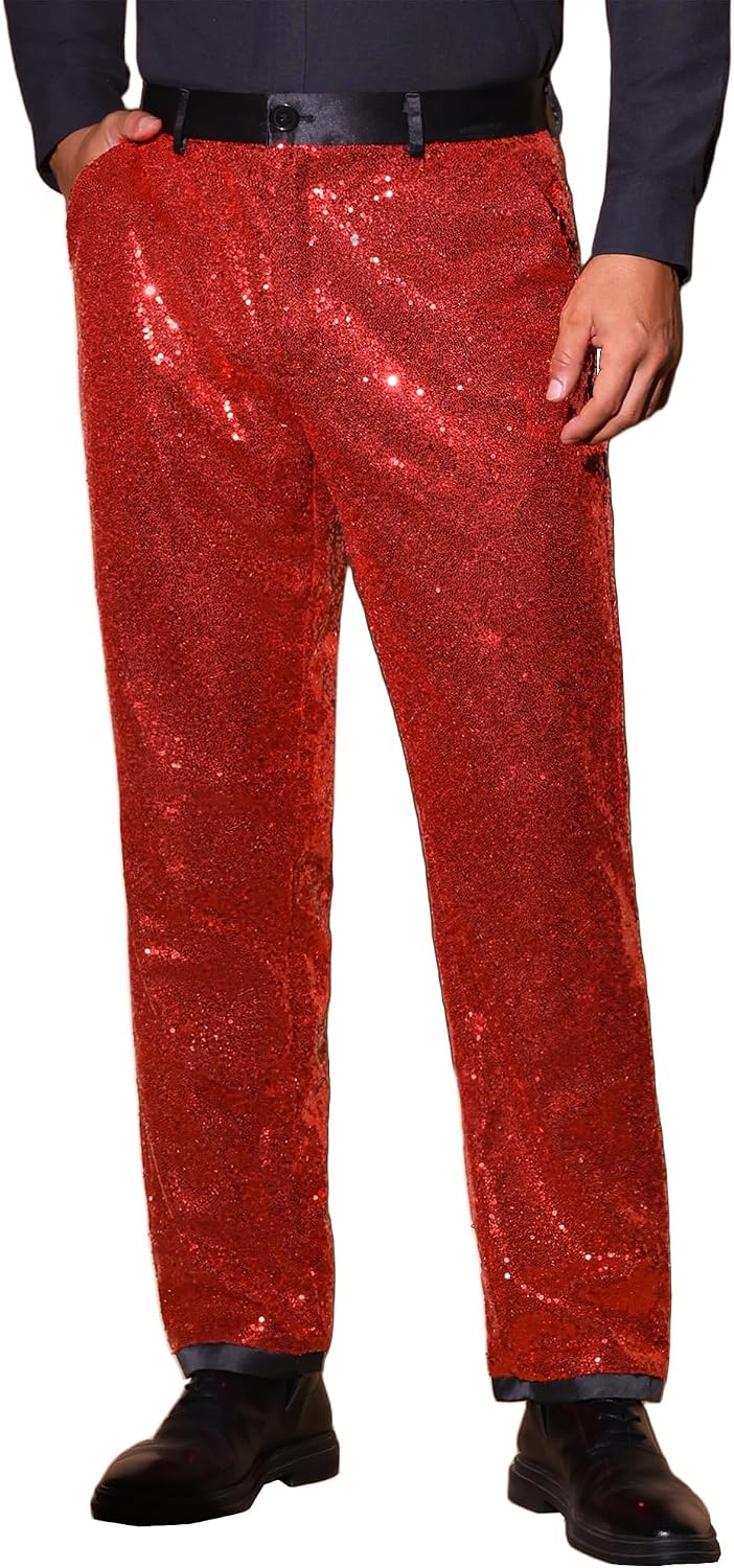 Lars Amadeus Sequin Dress Pants for Men's Straight Leg Button Down Party Metallic Shiny Suit Trouser