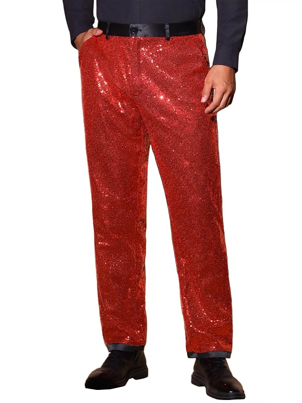 Lars Amadeus Men's Sequin Pants Casual Party Straight Leg Red 36 by Lars Amadeus - Used condition - US$36.40