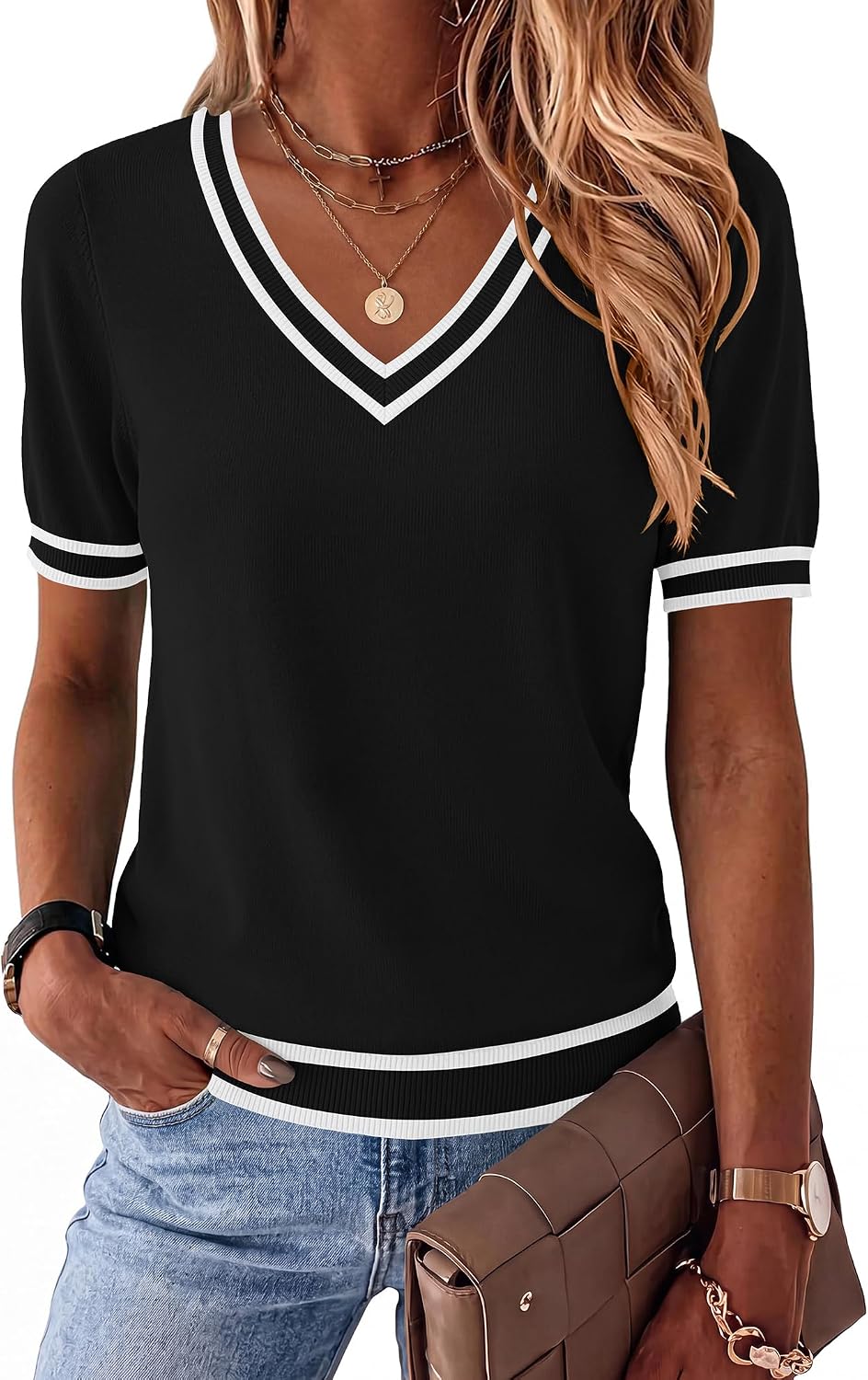 Zeagoo Womens Short Sleeve Sweaters 2026 Summer Lightweight V Neck Pullover Tops Dressy Business Casual Blouses Clothes