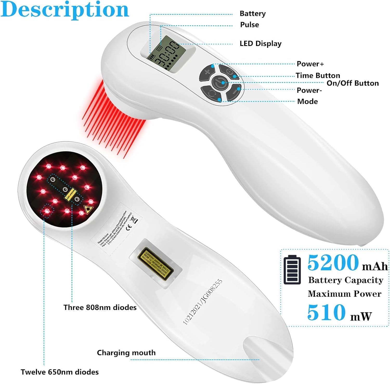 Portable Infrared Light Therapy Device for Body Pain Relief, 3x808nm & 12x650nm Multi-Speed Modes with Pulse Function, Cold Red Light Therapy Device for Human and Pets