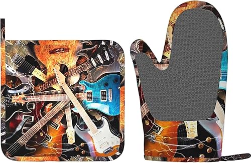 Combinación de guante de horno y agarradera de guitarra eléctrica mágica guantes de silicona de cocina de música antideslizantes almohadillas