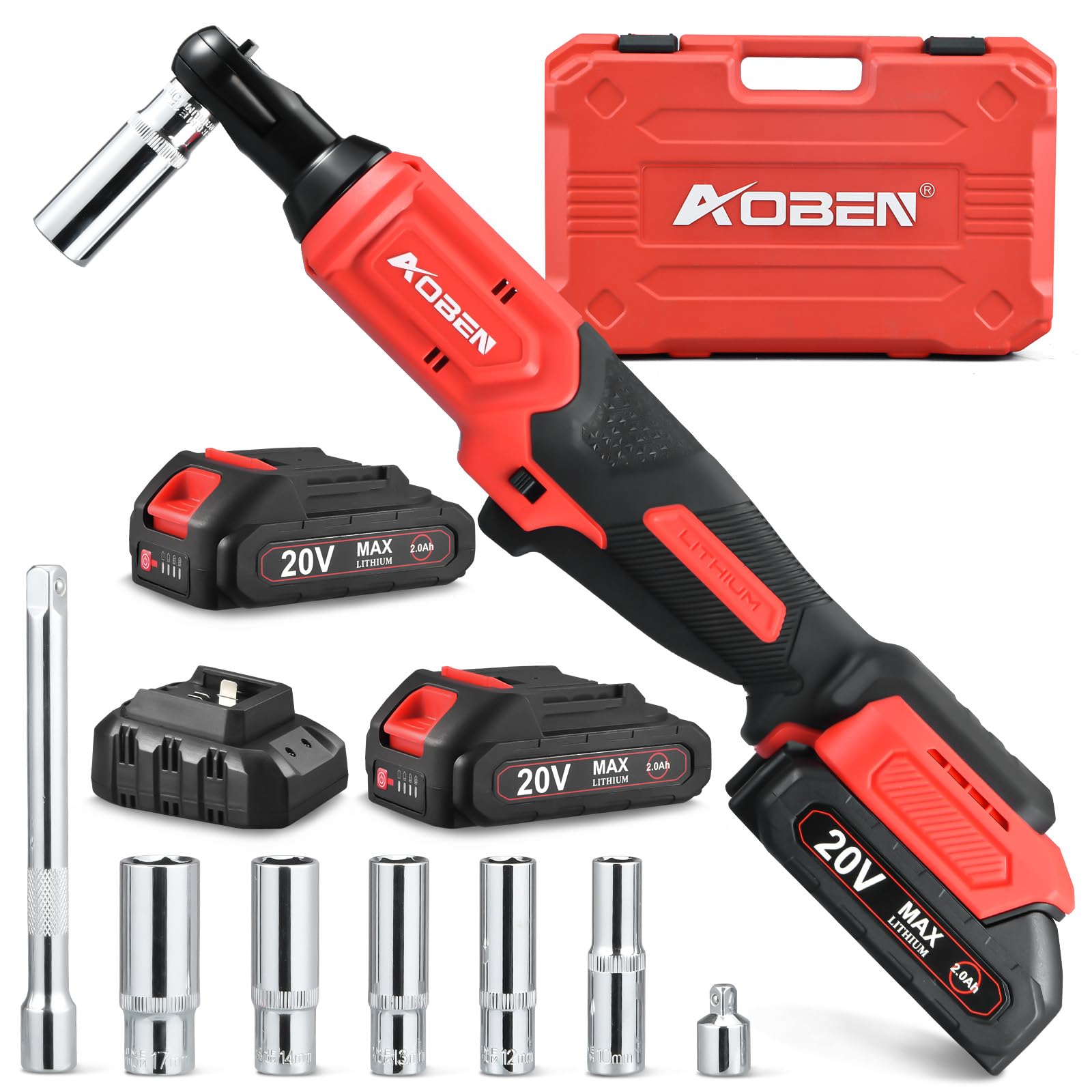 AOBEN 20V 3/8" Cordless Ratchet Wrench Kit, 60 Ft-lbs Brushless Electric Power Ratchet with Variable Speed, 2X2000mAh Lithium-Ion Battery, Charger, 8 Deep Sockets, 1/4" Adaptors, 6" Extension Bar Light Red