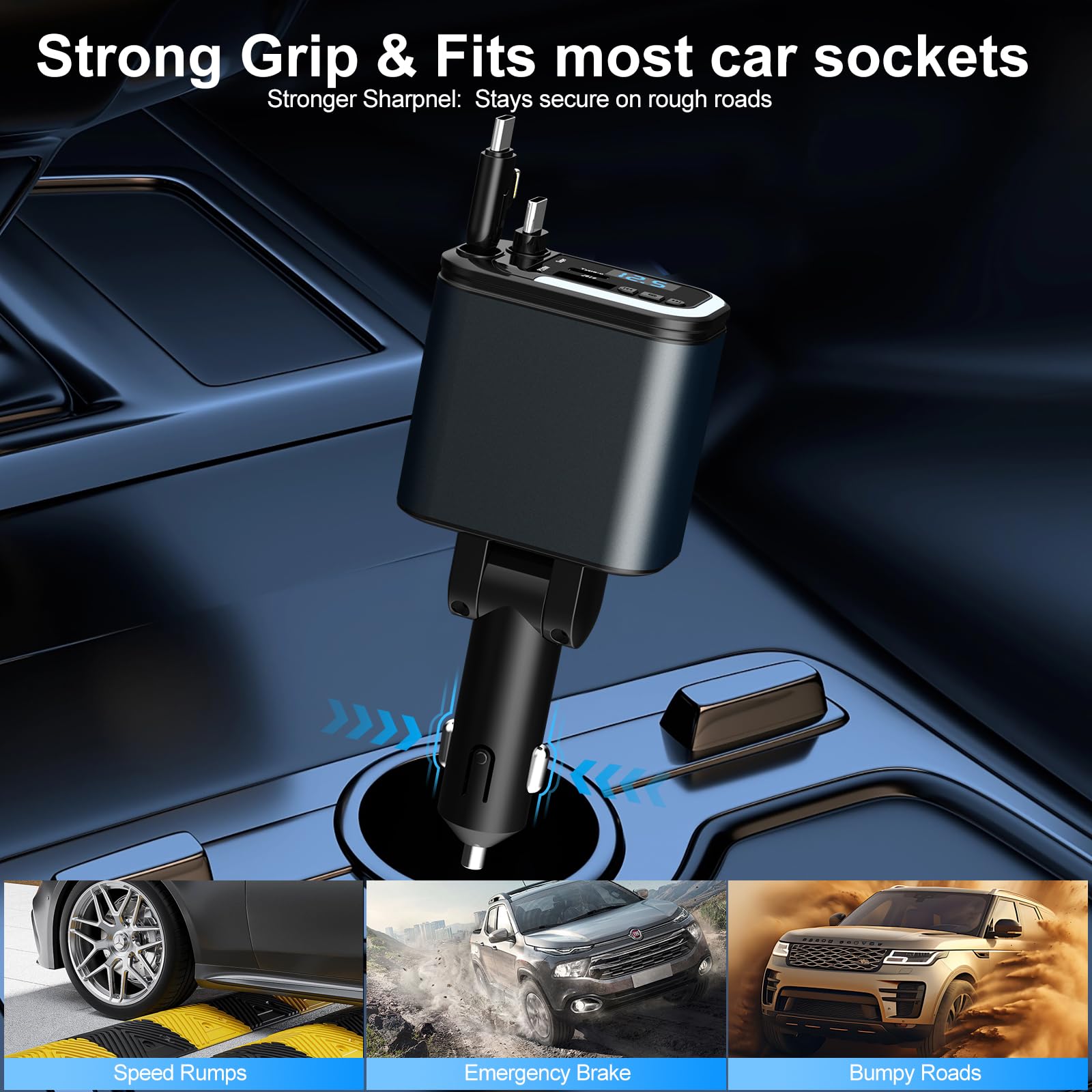 5-in-1 120W 30-Minutes Fast Flash Charging Retractable Car Charger, Wireless Bluetooth FM Transmitter, Type-C+USB-A Car Charger Adapter, Compatible with iPhone 17/16/15/14/13 Pro Max & Android Devices — view 7