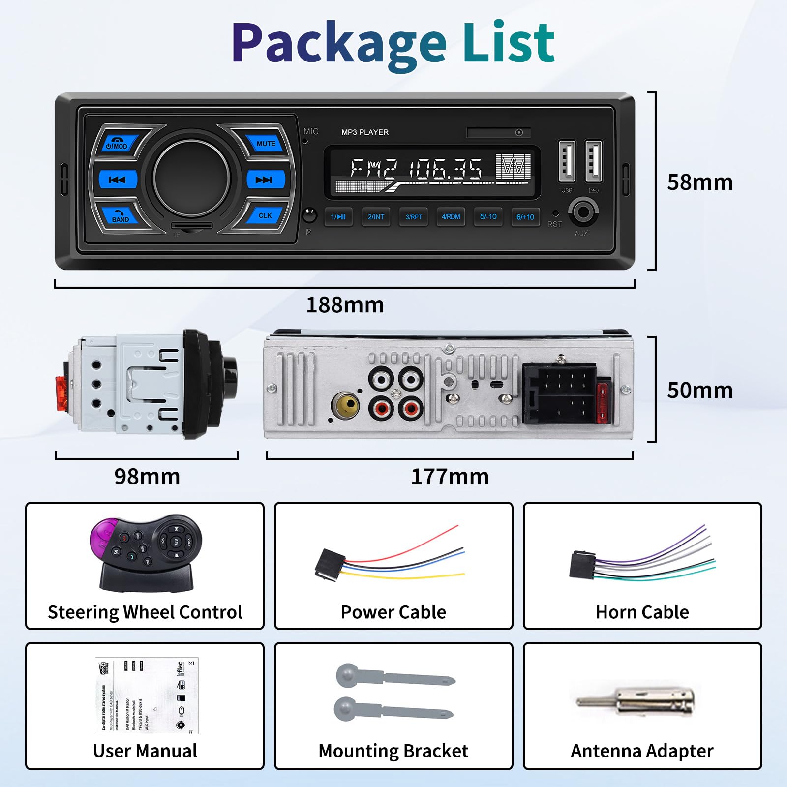 Hikity Radio samochodowe DAB/DAB+ 1Din zestaw głośnomówiący Bluetooth, samochodowy odtwarzacz MP3 obsługa ładowania telefonów komórkowych radio FM z USB AUX TF