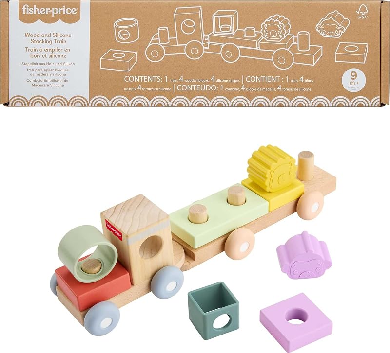 Wood Stacking Train, Baby & Toddler Toy, Ages 9+ Months | Push-Along Train with 4 Wooden Blocks & 4 Silicone Shapes, Fine & Gross Motor Skills, Infants (Amazon Exclusive)