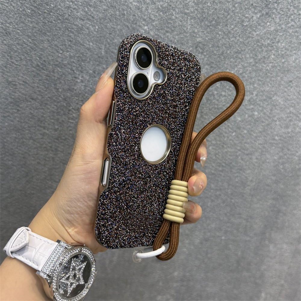 Etui z błyszczącymi diamentami i kryształkami do iPhone'a 12 13 14 15 16 Pro Max Plus, błyszczące, wstrząsoodporne, z paskiem na nadgarstek i osłoną na przewód, brązowe, do iPhone'a 12 Pro