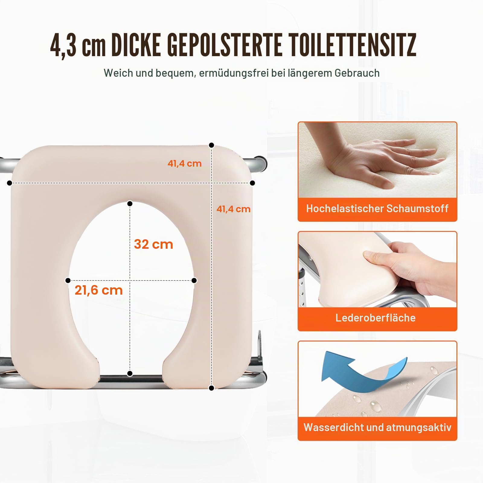 VEVOR Toilettenstuhl, Nachtstuhl mit Gepolstertem Sitz, Herunterklappbaren Armlehnen, 7-stufig Höhenverstellbar 490-640 mm, Abnehmbarer Eimer, 158,8 kg Belastbar, Tragbare Toilette für Erwachsene