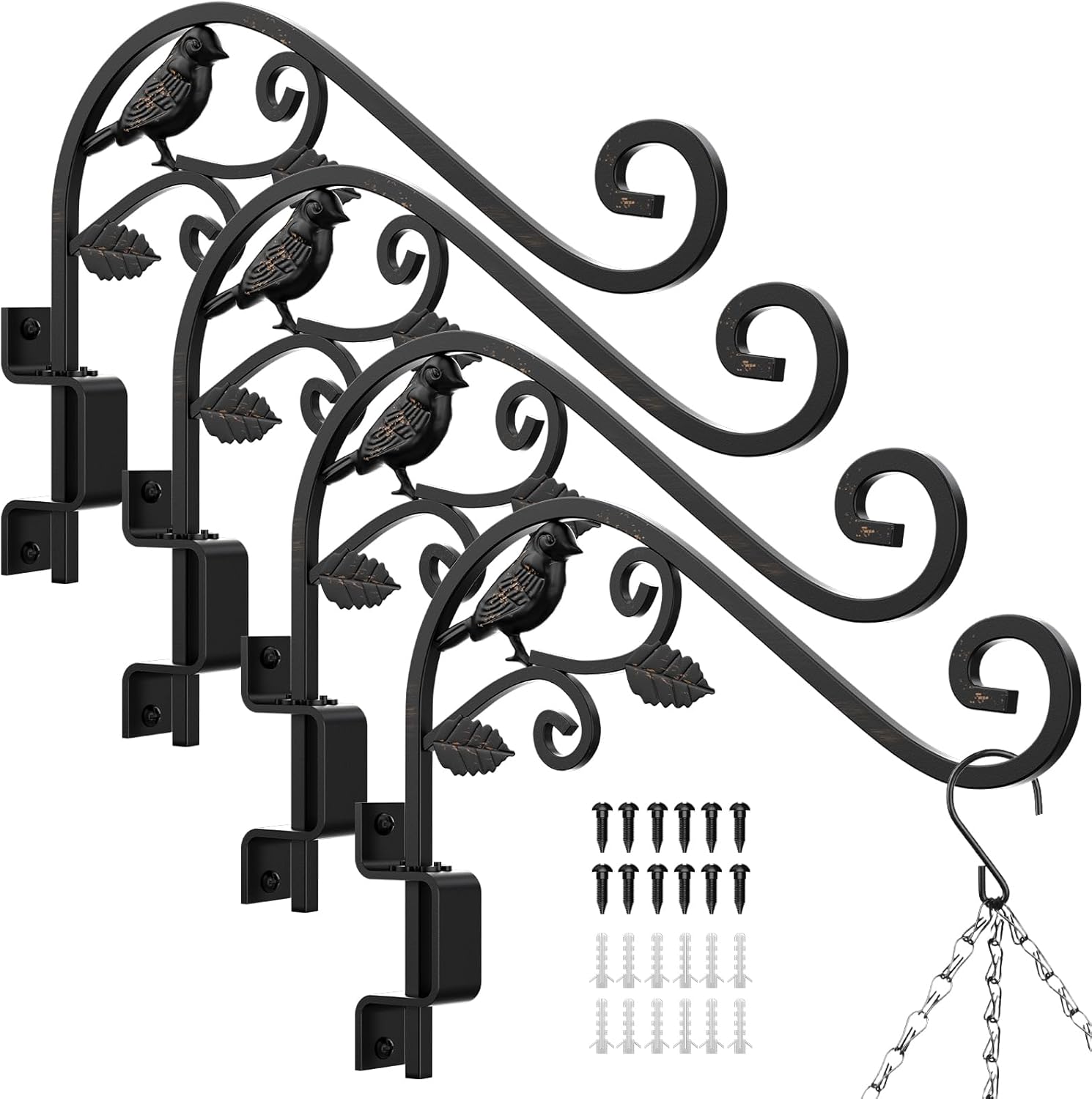 Plant Hangers Outdoor, 4 Pack 15.15 inch Swivel Plant Hangers Indoor Wall Mount Sturdy Wrought Iron Plant Wall Hanger, Wall Plant Hanger Indoor for Bird Feeders, Planters, Lanterns, Wind Chime, Black
