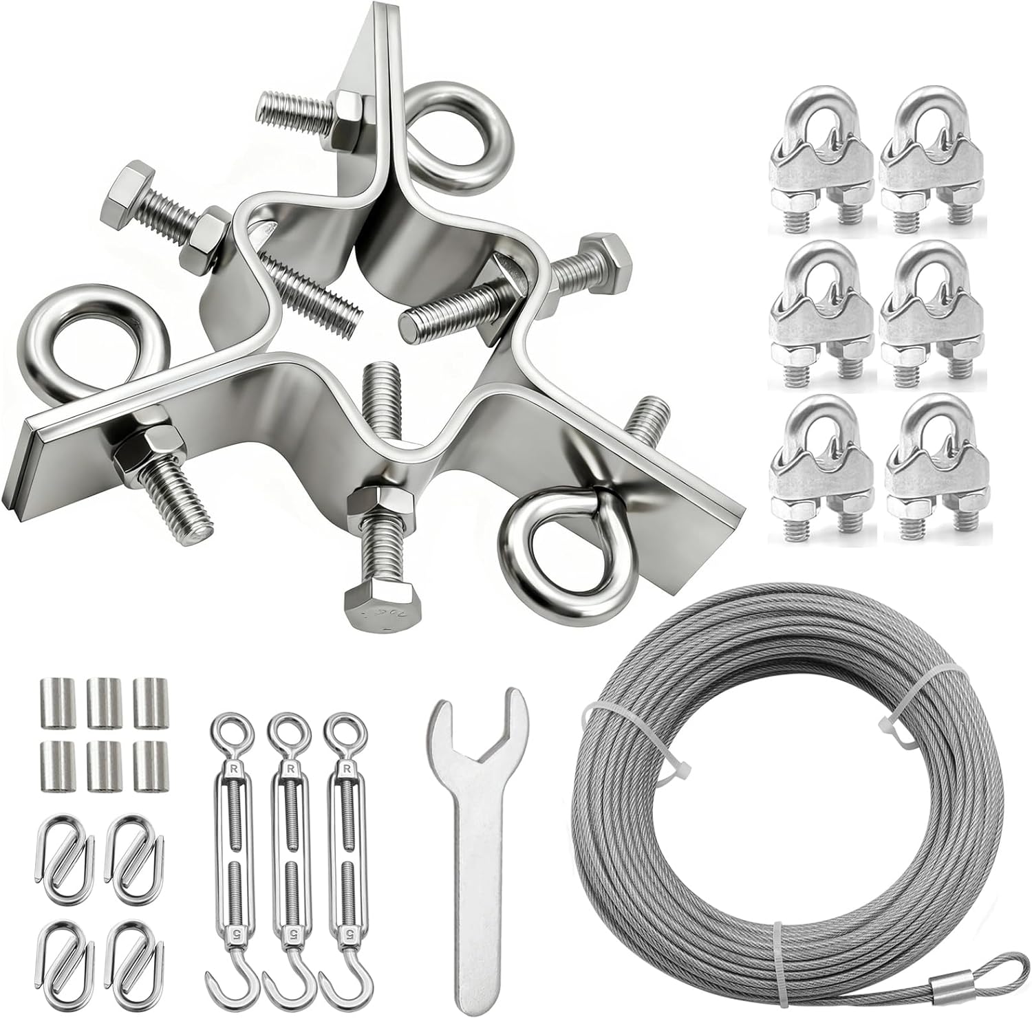3 Way Down Guy Wire Ring Kit with 100ft Wires & Mount Accessaries, 3-Way Guying Antenna Mast Clamp, Fits Masts up to 2.4",Heavy Duty Stainless Steel