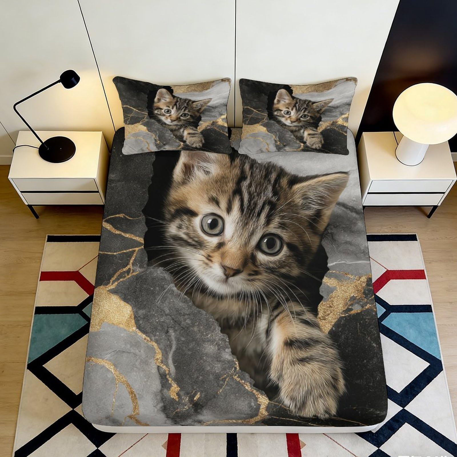 3D Printed Cute Cat Fitted Sheet Microfiber Soft Breathable Kitten Mattress Cover Bedroom Dorm Decor Protector 160x200x25cm