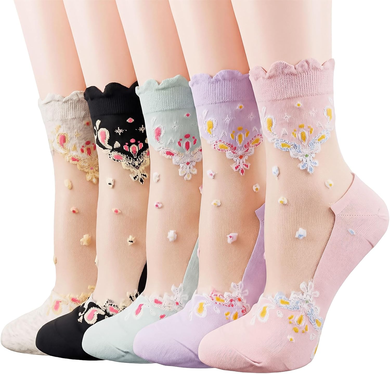 5 Pack Sheer Socks for Women Ruffle Delicate Nylon Mesh Ankle Socks Cute Floral Sheer Sock Lightweight Summer Thin