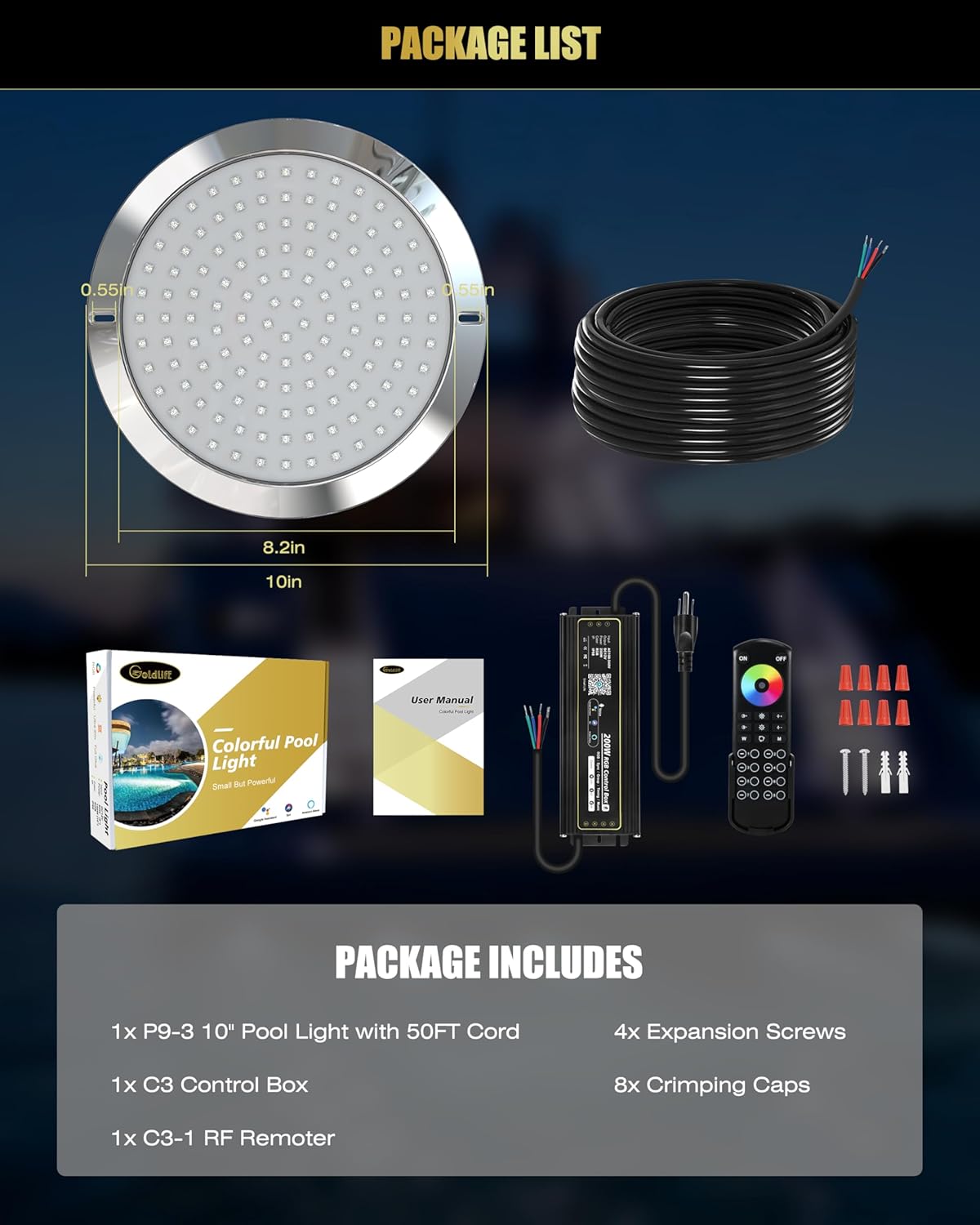 Goldlife P9 10Inch Pool Light with RGB Controller Kit, 50ft Cord 120W 12,000LM LED Underwater Pool Lights for Inground Pools, PC Corrosion-Resistant Swimming Pool Light Fixture