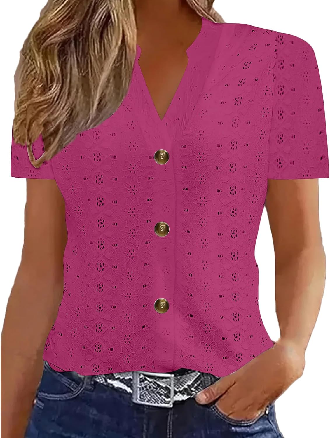 Womens Elegant Eyelet Blouses Embroidery Short Sleeve Tops Button Down V-Neck Shirts Loose Business Outfits