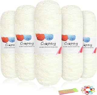 Coopay Samt Chenille Wolle zum Häkeln, 500g (5x100g) Velvet Chenillegarn, Dicke Wolle zum Stricken, Flauschige Weiche Samtig Chenillewolle mit Häkelzubehör für Schals, Decken - Milchig Weiß