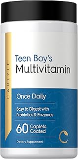 Carlyle Teen Multivitamin for Boys | 60 Caplets | Once Daily | Easy to Digest with Probiotics & Enzymes | with Iron | Non-GMO, Gluten Free