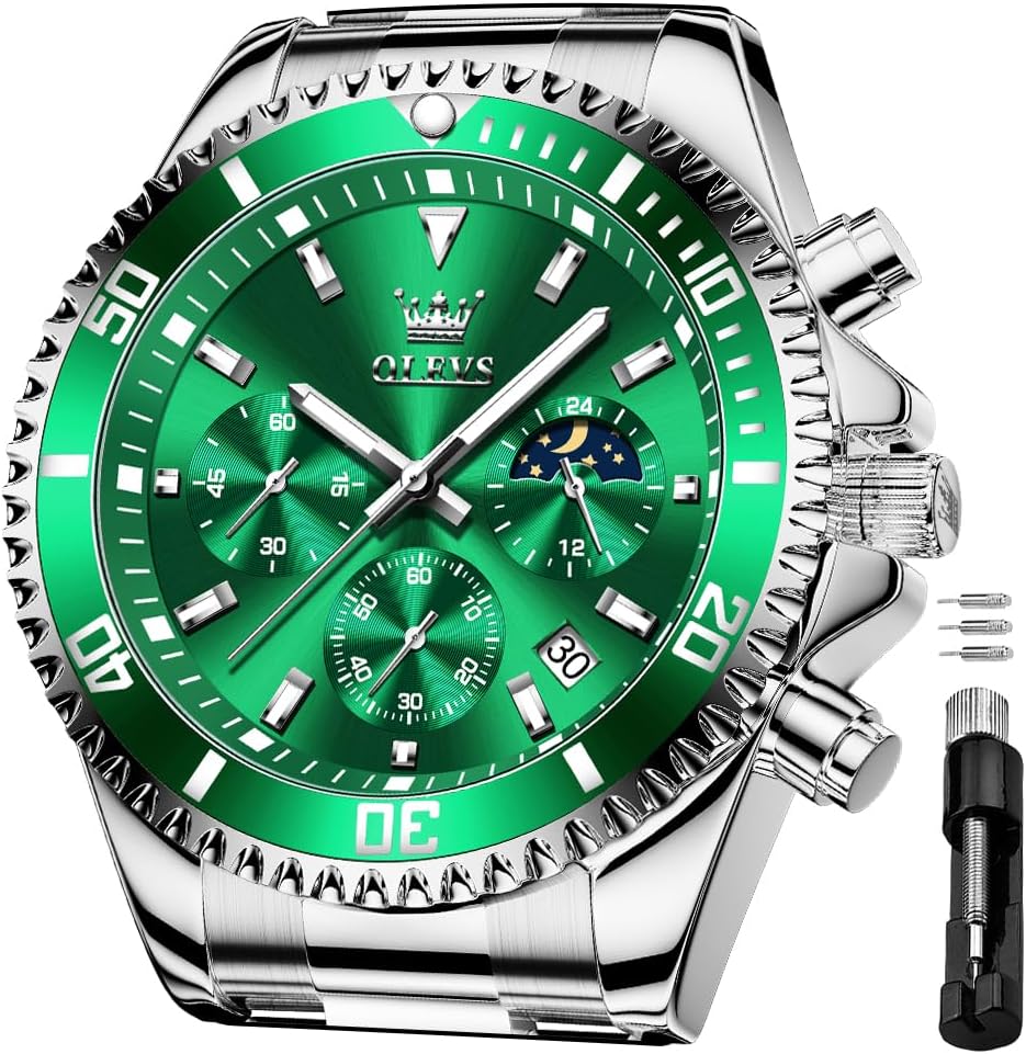 OLEVS Men's Waterproof Watches Stainless Steel Waterproof Chronograph Wrist Watches Luxury Dress White Luminous Big Face Analog Quartz Male Watches