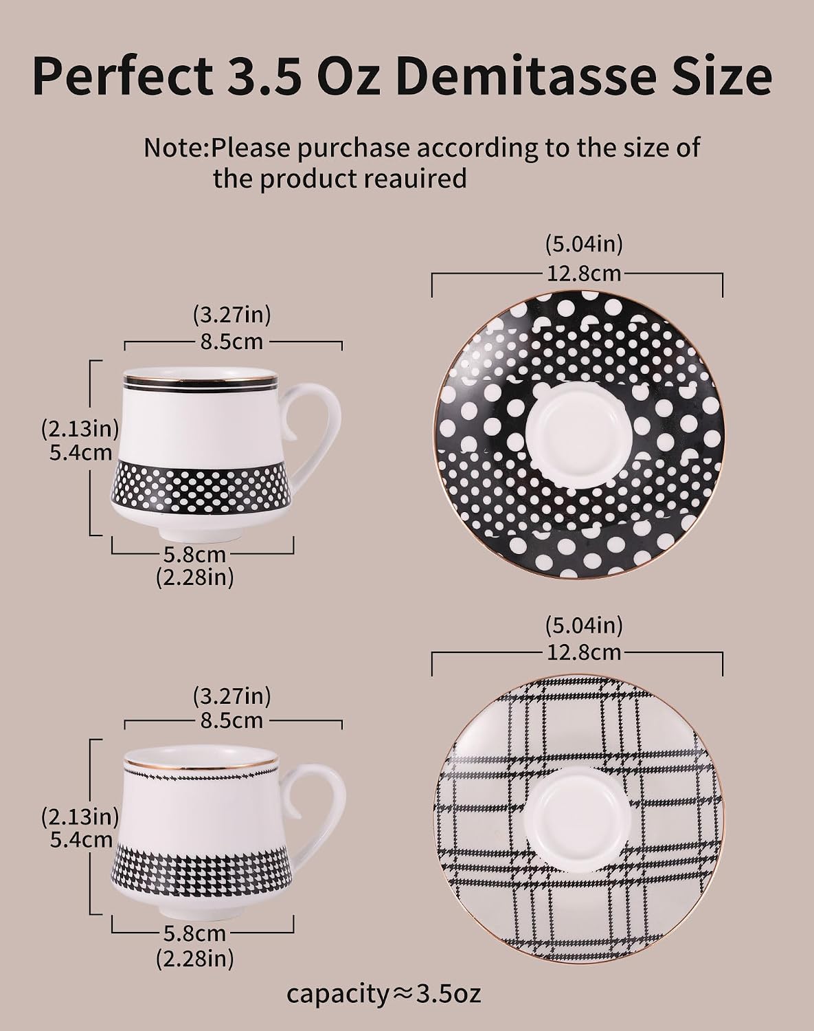 3.5 Oz Espresso Cup and Saucer Set of 4, Polka Dot Plaid Design