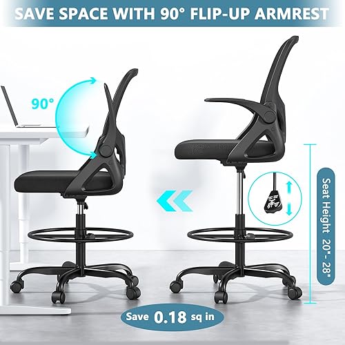 Miniatura 43 de Silla de dibujo alta con anillo reposapiés para el hogar y el trabajo, silla ergonómica de oficina para el hogar con brazos abatibles y soporte