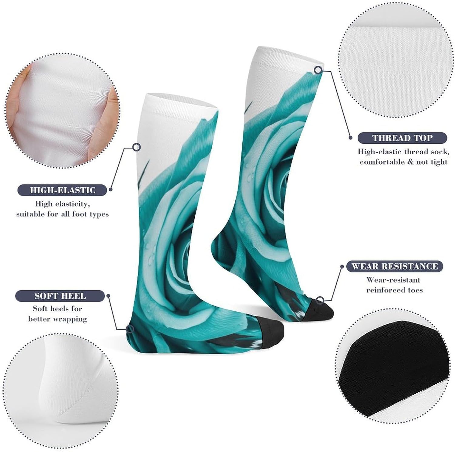 Turquoise Rose Mid-Calf Socks Women Warm Knee High Socks Cozy Hiking Skiing Soft Boot Mid Calf Stocking Unisex