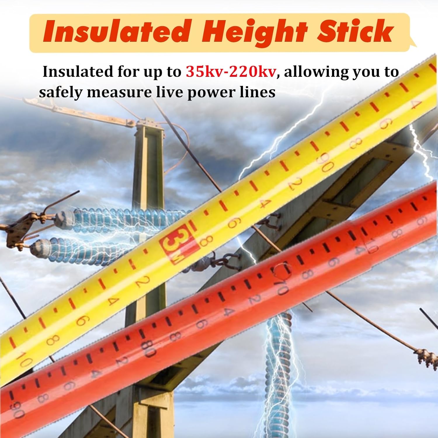 Telescopic Survey Measuring Rod, Lightweight Insulated Height Stick for Lineman & Construction, 35kV-500kV Voltage, 59ft/18m with Carrying Bag (Yellow)