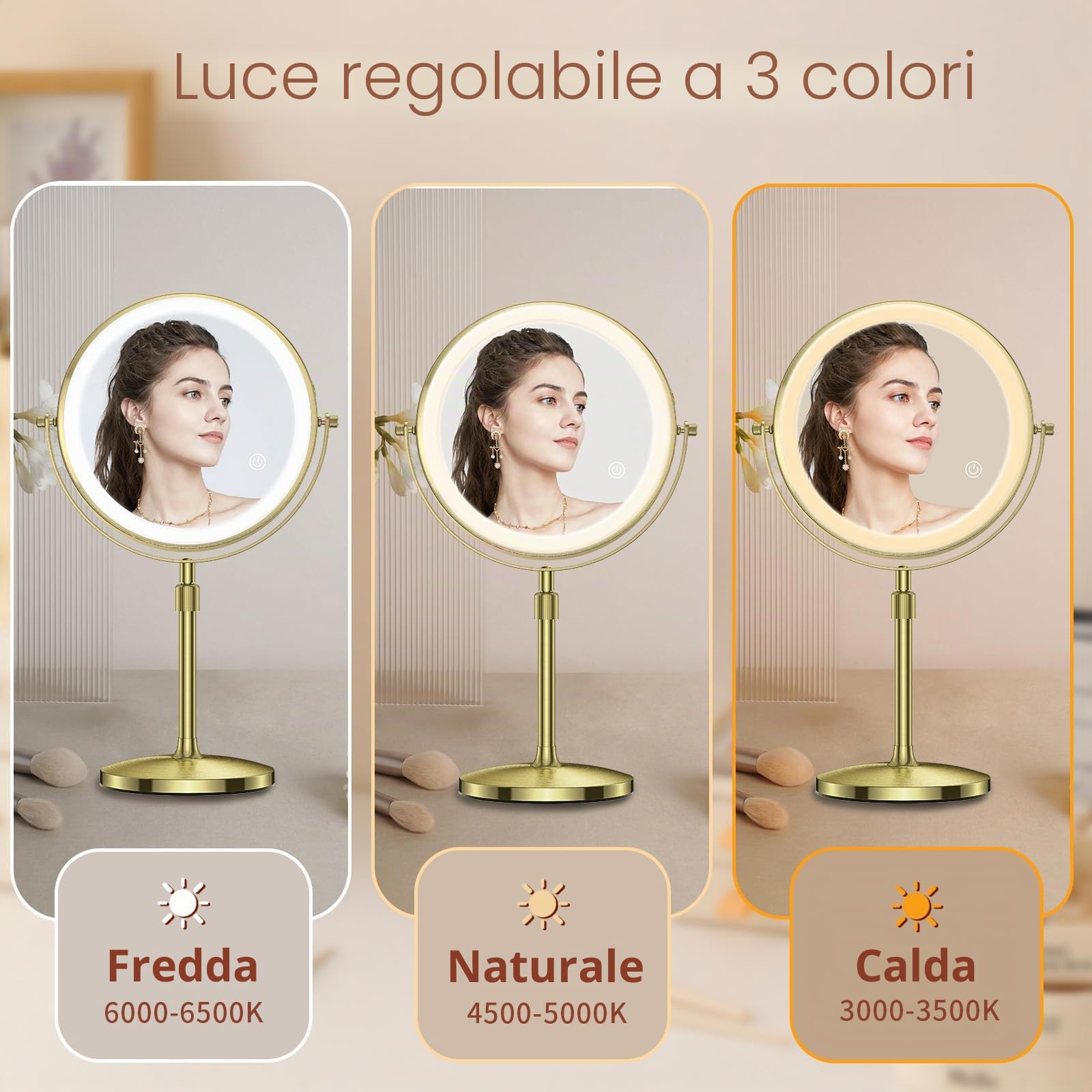 MATEPROX 8 Pollici Specchio da Trucco con Luci, Specchio Ingrandente 1X 10X, Girevole, Asta Regolabile con 3 Colori di Illuminazione, Sensore Touch, Supporta la Ricarica USB-Oro