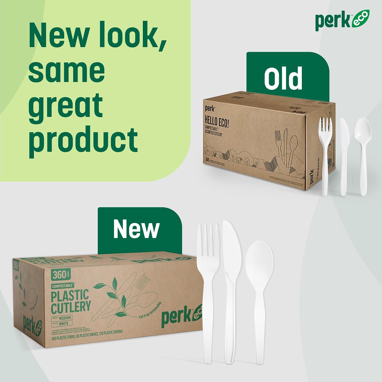 Perk Eco Compostable PLA Assorted Cutlery, 360 Count Bulk Disposable Utensils (Forks, Spoons & Knives), Medium‑Weight, White