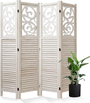 Room Divider Wood Carved Wall Divider Indoor Folding Portable Partition Screen for Home Office Garden Terrace - 4 Panel, 67 * 60inch White