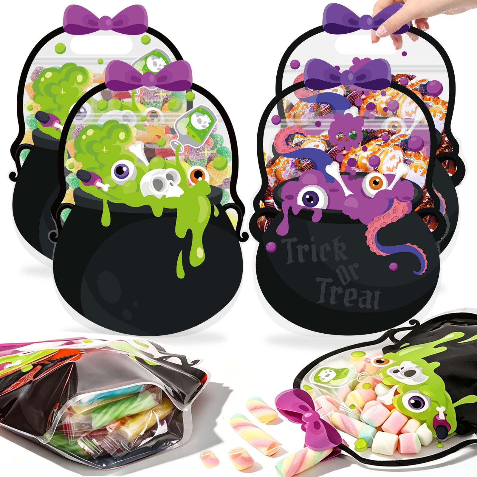 FOIMAS Halloween Treat Bags, 50pcs Witch Cauldron Candy Bag Zipper Seal Bag Resealable Plastic Goodie Bag with Handle Sealed Pouches for Trick or Treat Home Party Supply Decor Home Classroom