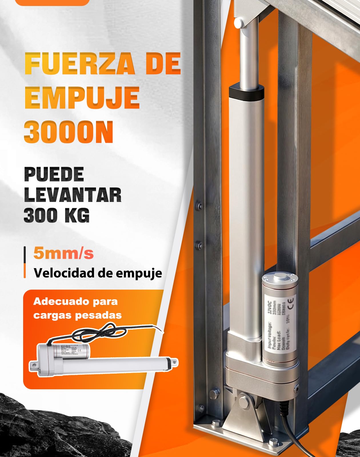 Accionamiento Lineal 3000N, 100/150/200/250/300/450 Mm DC 12 V Juego de Cilindros Eléctricos con Interruptor Manual IP65 5 Mm/s Motor de Elevación para Abridores de Ventanas (250)