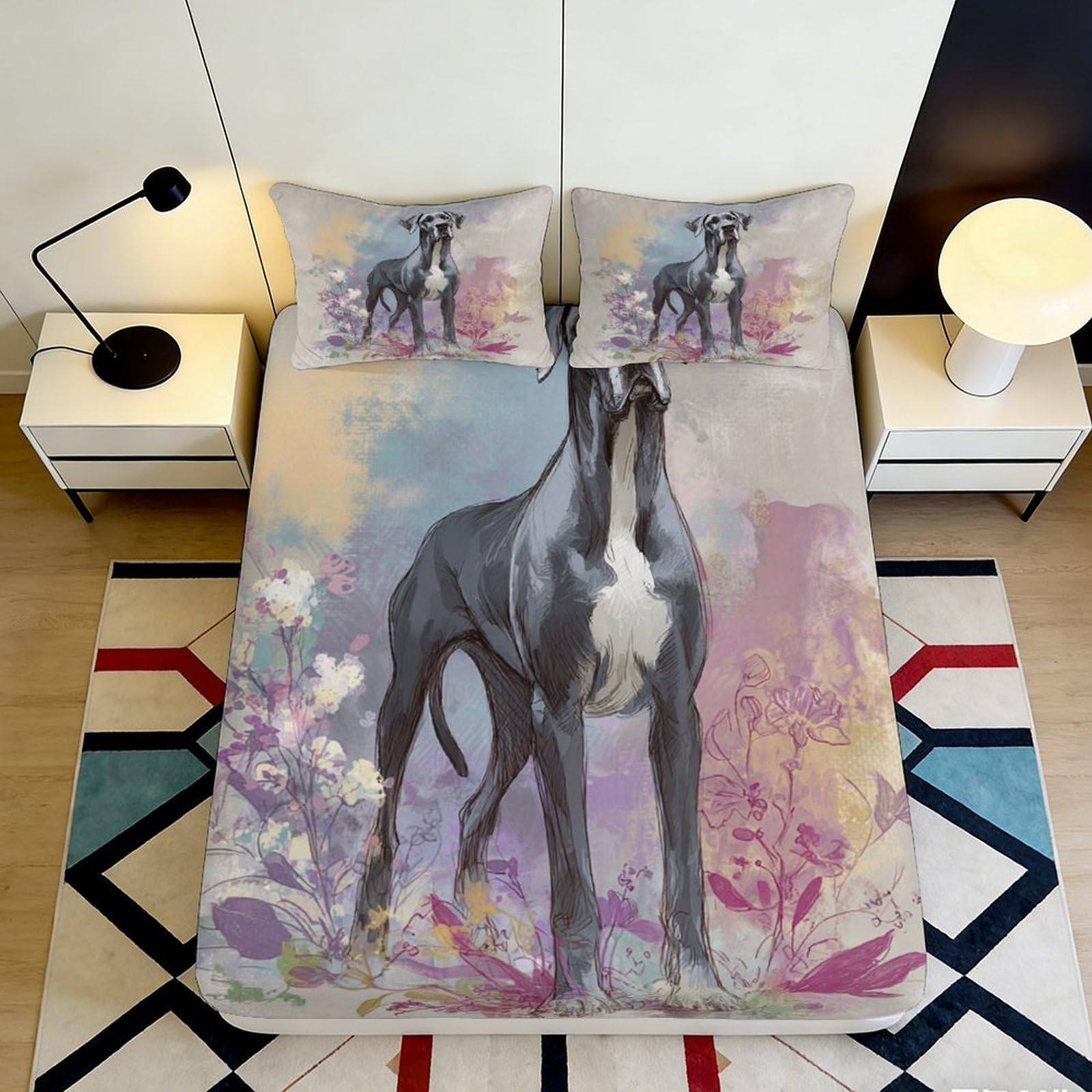 3D Printed Great Dane Dog Fitted Sheet Microfiber Soft Floral Art Mattress Cover for Bedroom Dorm Mattress Protection Decor 160x200x25cm