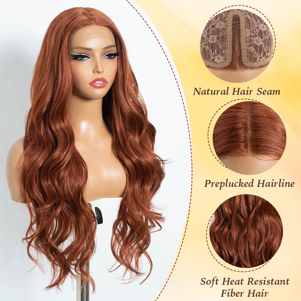 Long Wavy Synthetic Lace Front Wig for Women 30 inches Middle Part Natural Hairline Heat Resistant Fiber Wigs for Daily Party (Ginger)