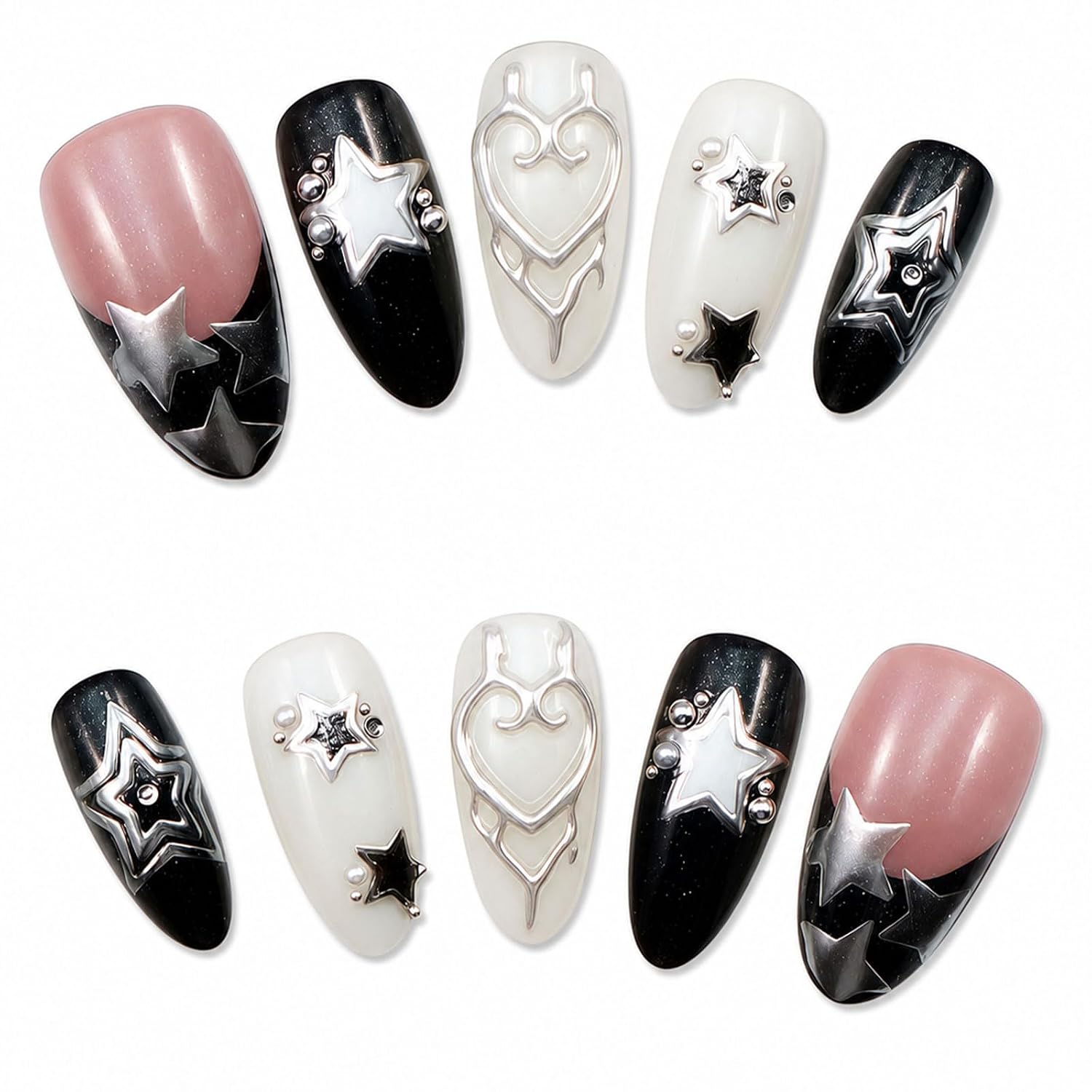 10Pcs Handmade Press on Nails - Cyber Stars Y2K Aesthetic, 3D Chrome Silver Star & Patterned Heart Charms, Cyber-Gothic Black White & Nude Pink Reusable False Nails, Salon Level Gel Finish (DXR302, S)