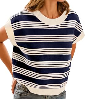 FireSwan Womens Cap Sleeve Sweater Vest Striped Color Block Loose Tank Tops Trendy Vacation Outfits Cute Summer Spring Top