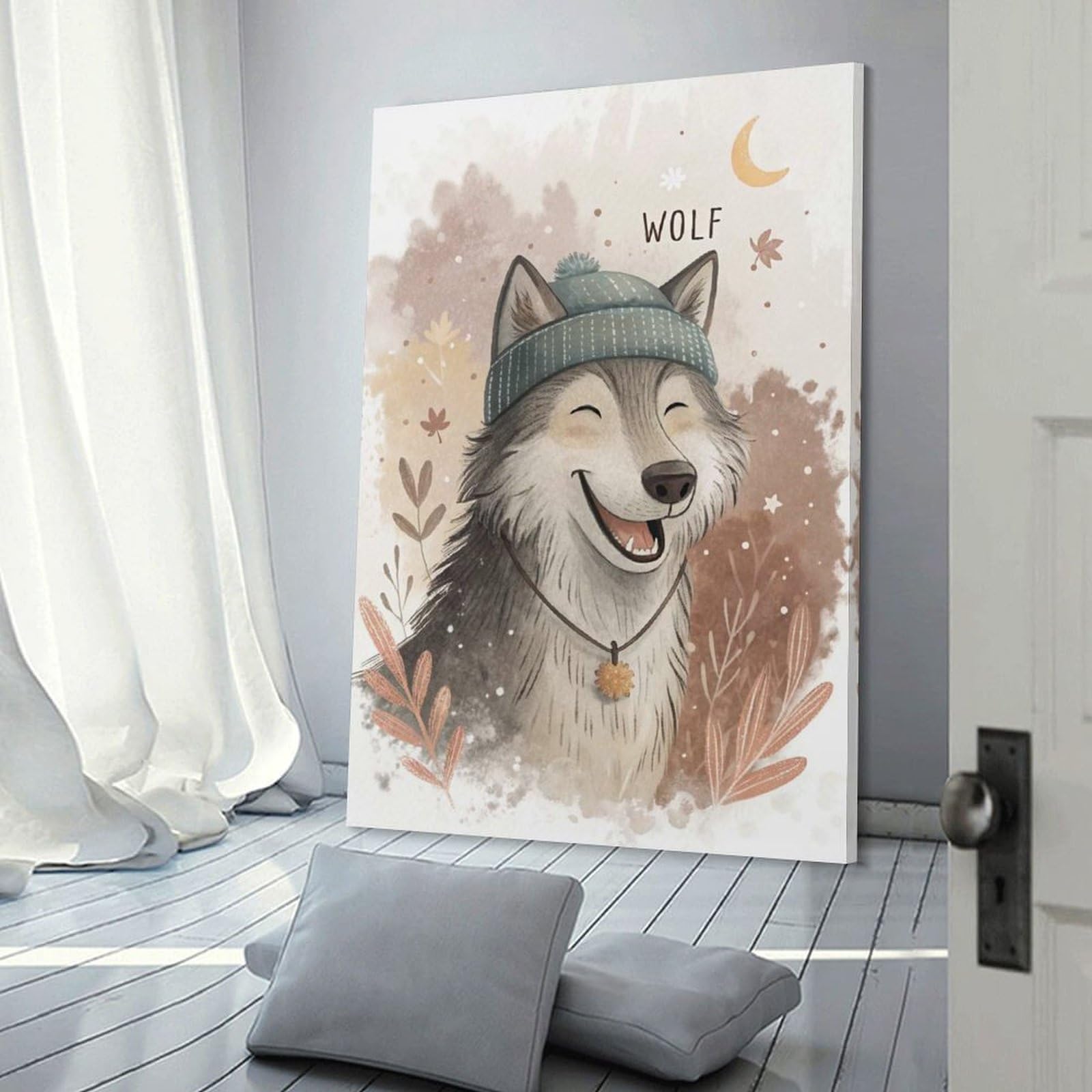 Junmoney Cute Wolf Wearing A Beanie Decorative Canvas Print, 24x36inch(60x90cm), for Hallway, Bedroom Or Modern Interiors, Gift Idea for Housewarming And Birthdays