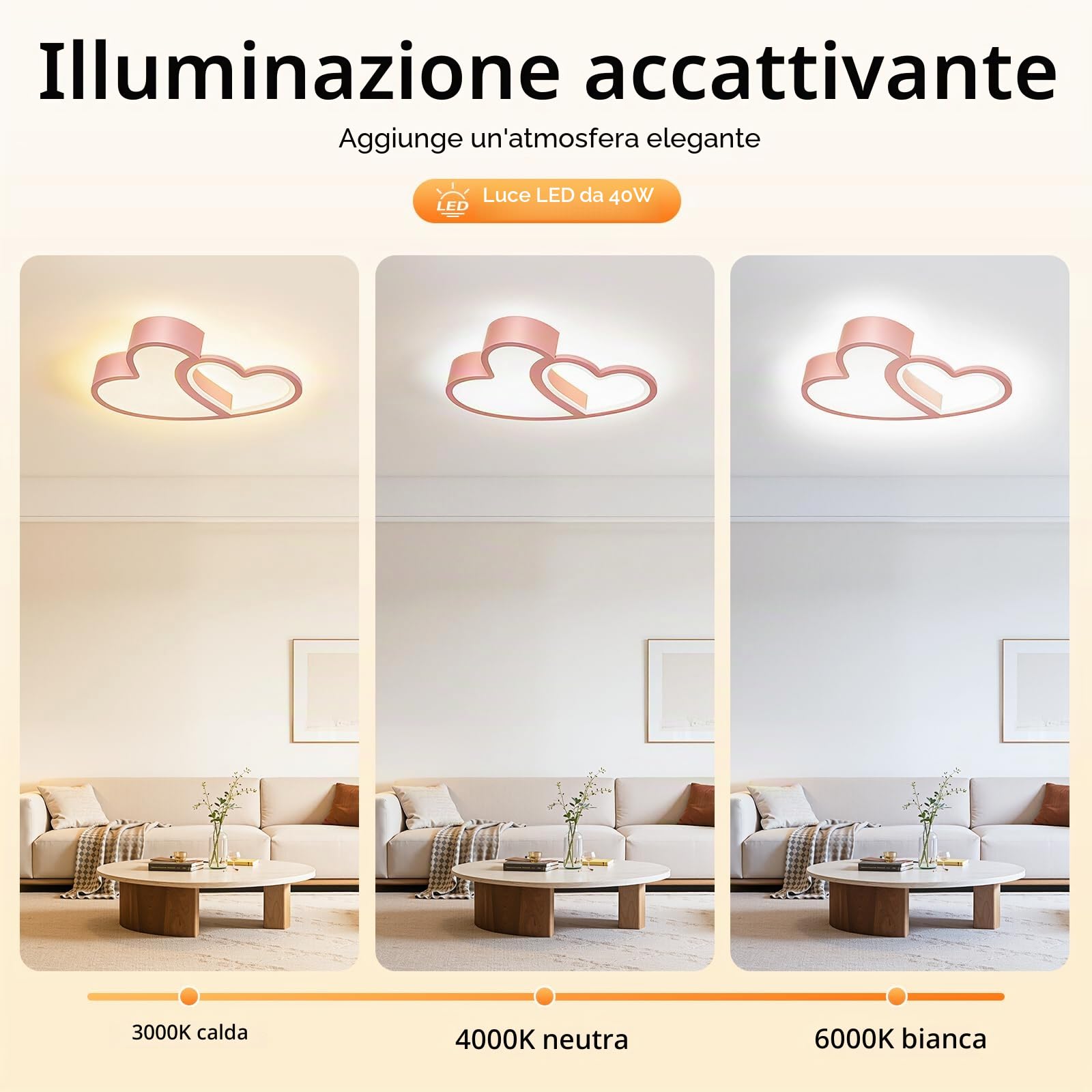 Lampada da Soffitto per Cameretta Bambini, Lampada da Soffitto a LED, Moderna Luce a Forma di Cuore, 40W, LED, 3 Colori di Luce, Dimmerabile