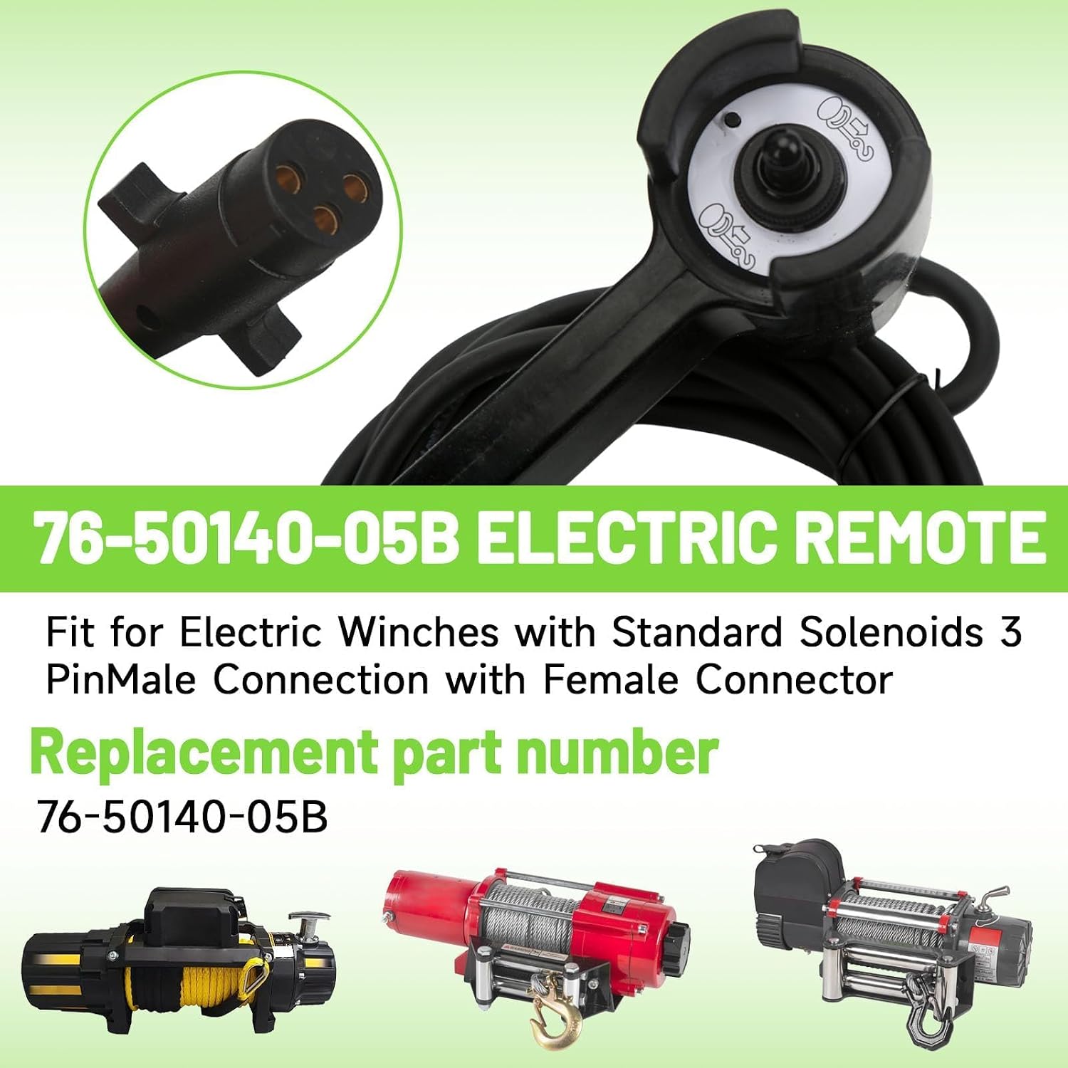 76-50140-05B Electric Winch Remote Replacement Compatible with Electric Winches with Standard Solenoids, 3 Pin Male Connector with Female Plug