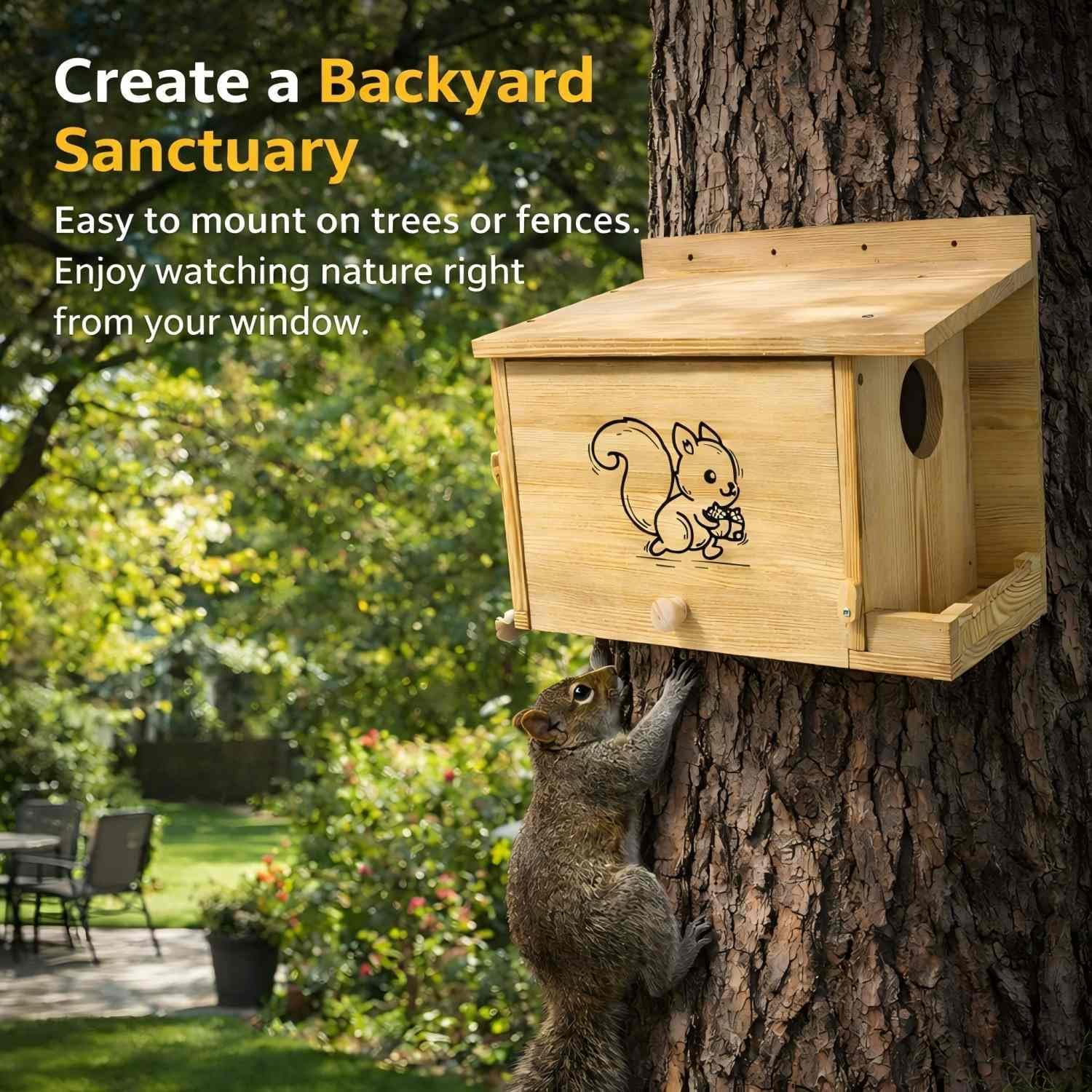 Extra Large Squirrel House (15.7 inches), Anti-Predation Squirrel Nest Box, with Squirrel Feeder, Carbonized Cedar Wood Outdoor Squirrel House, Solid Wood Backyard Wildlife Shelter