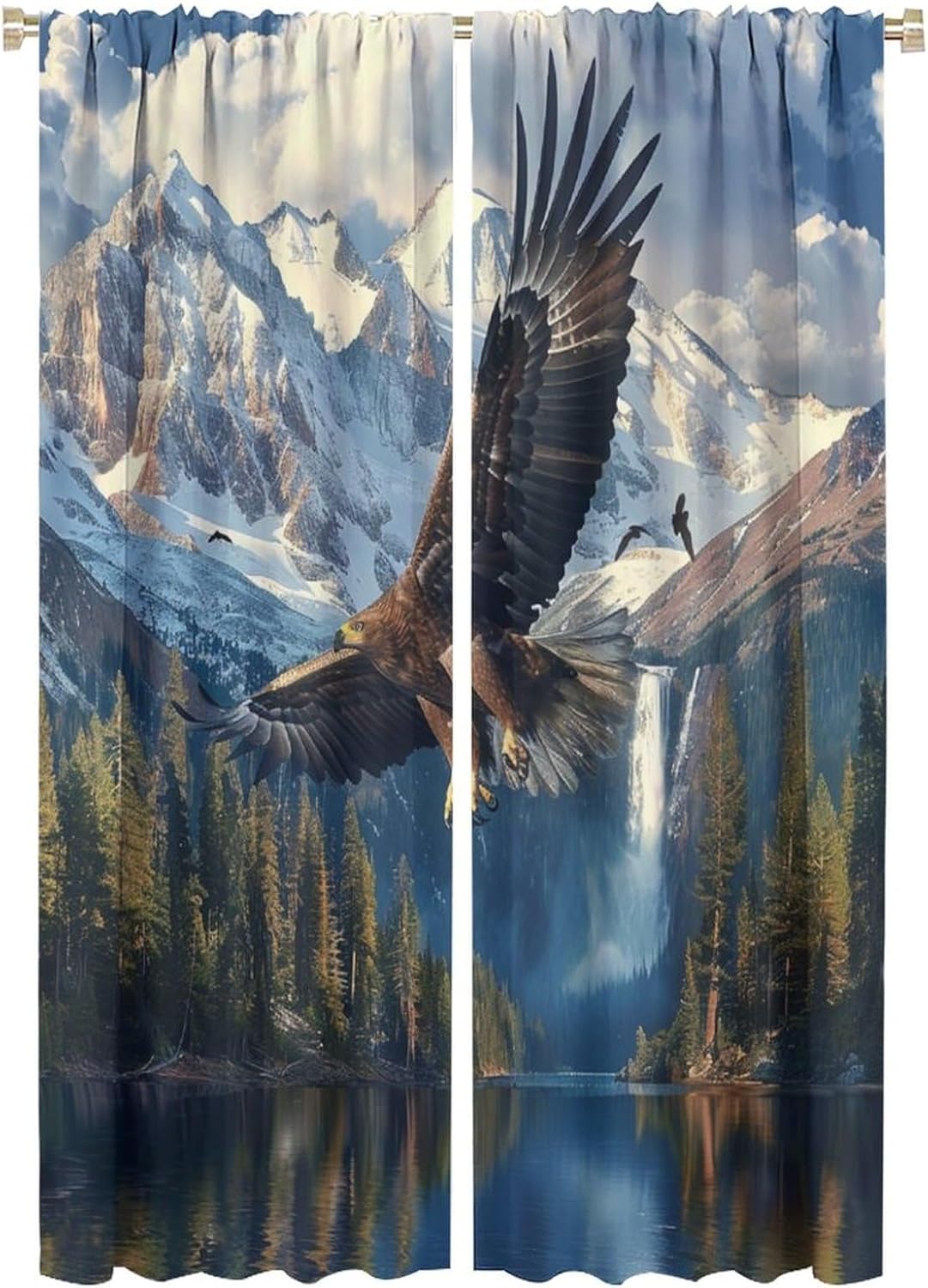 Rustic Bald Eagle Blackout Curtains for Bedroom Living Room, Rod Pocket Snowy Mountain Jungle Waterfall Curtains Thermal Insulated Window Drapes 2 Panels, Each 21W x 63L