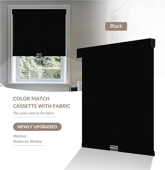Blackout Roller Shades for Windows - Cordless Linen Fabric Roller Blinds, Thermal Insulated, UV Protection, Custom Window Shades for Home, Office, Door, Black, Custom Sizes