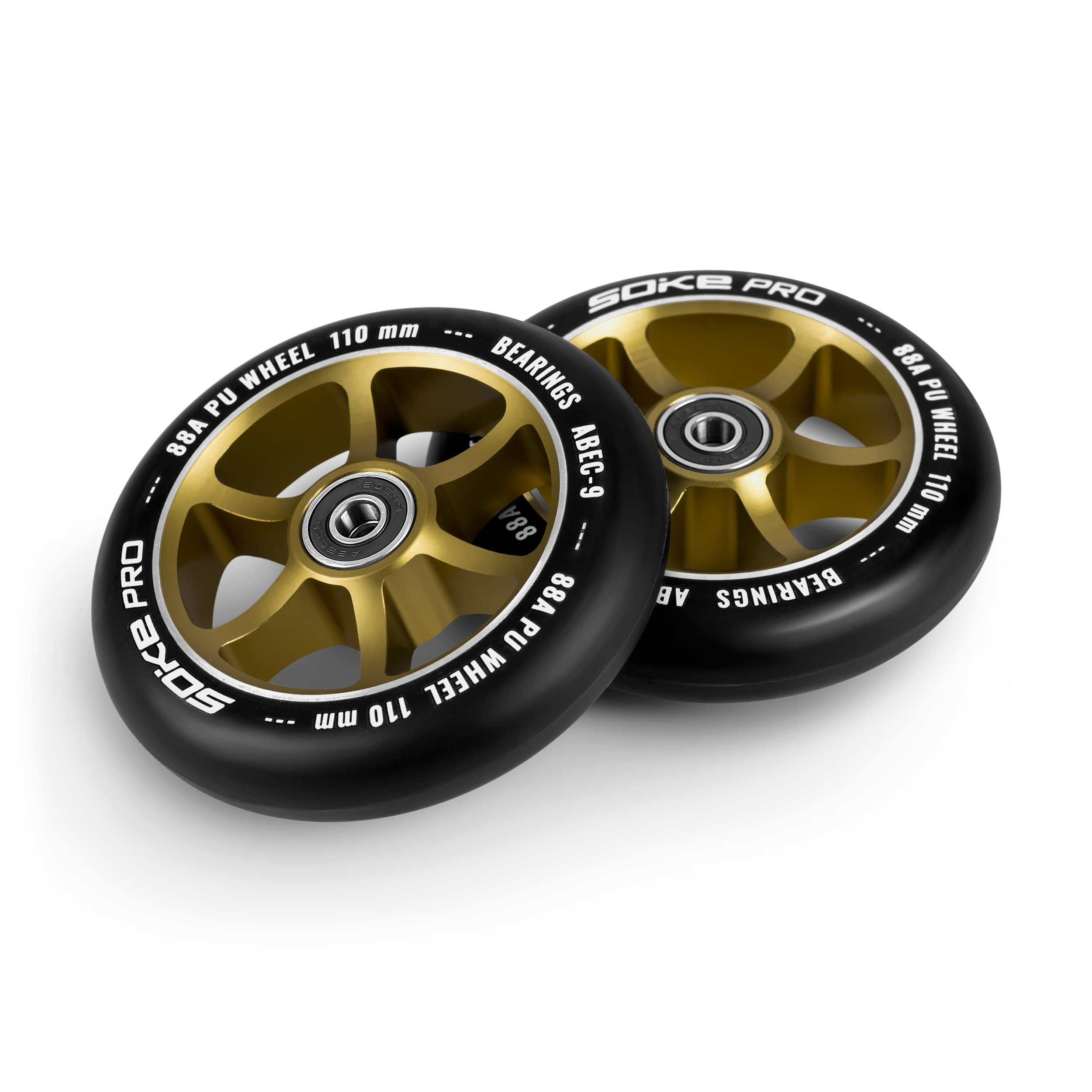 SOKE Juego de ruedas de patinete de 2 piezas de diámetro 110 mm con ruedas de 8 mm rodamientos ABEC 9 dureza 88A aluminio y PU para superficies duras doradas
