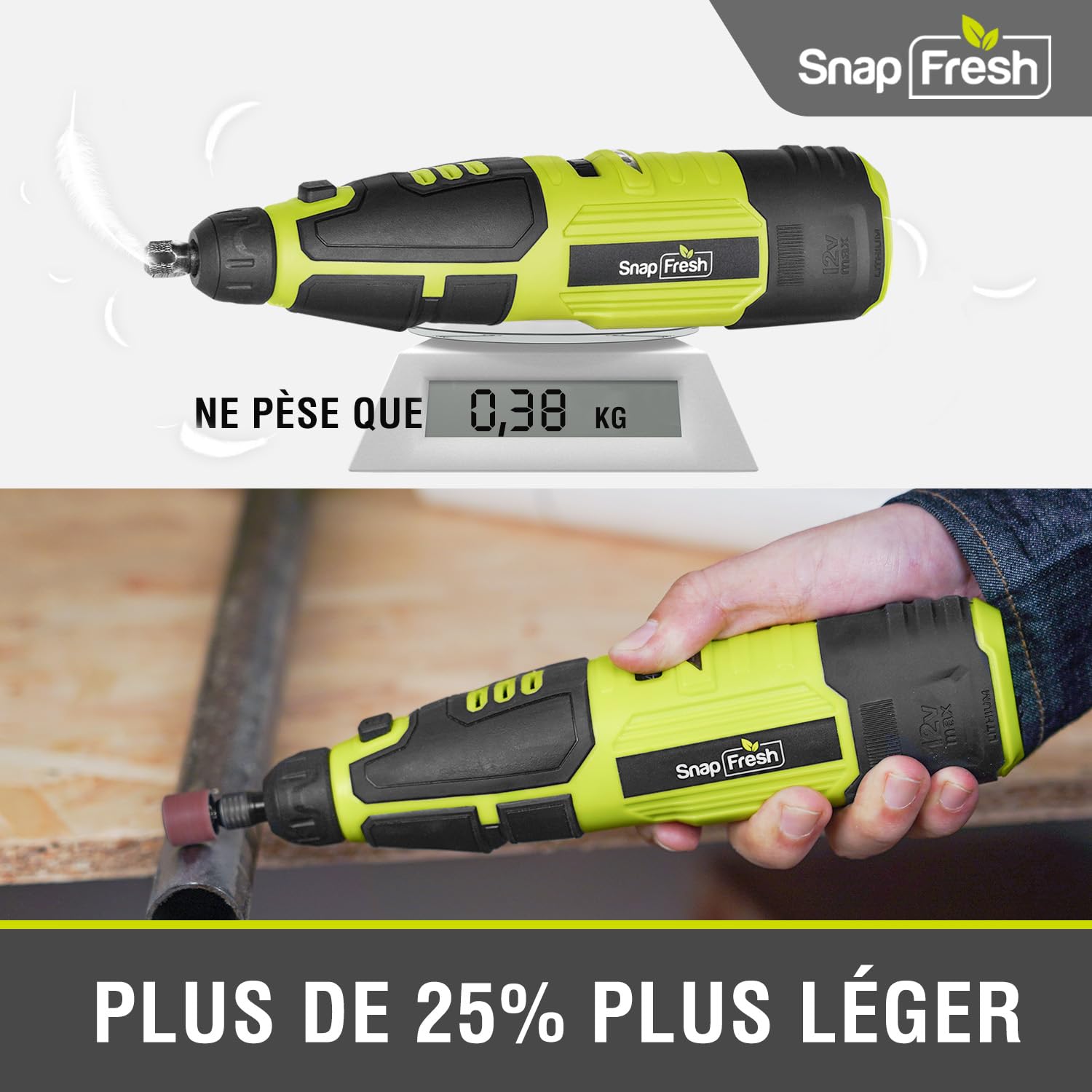 SnapFresh Outil Rotatif Multifonction Sans Fil 12V – 5000–28000 RPM pour Graver, Polir, Poncer, Percer et Bricolage, Arbre Flexible Inclus, 77 Accessoires & Chargeur Rapide 1 h