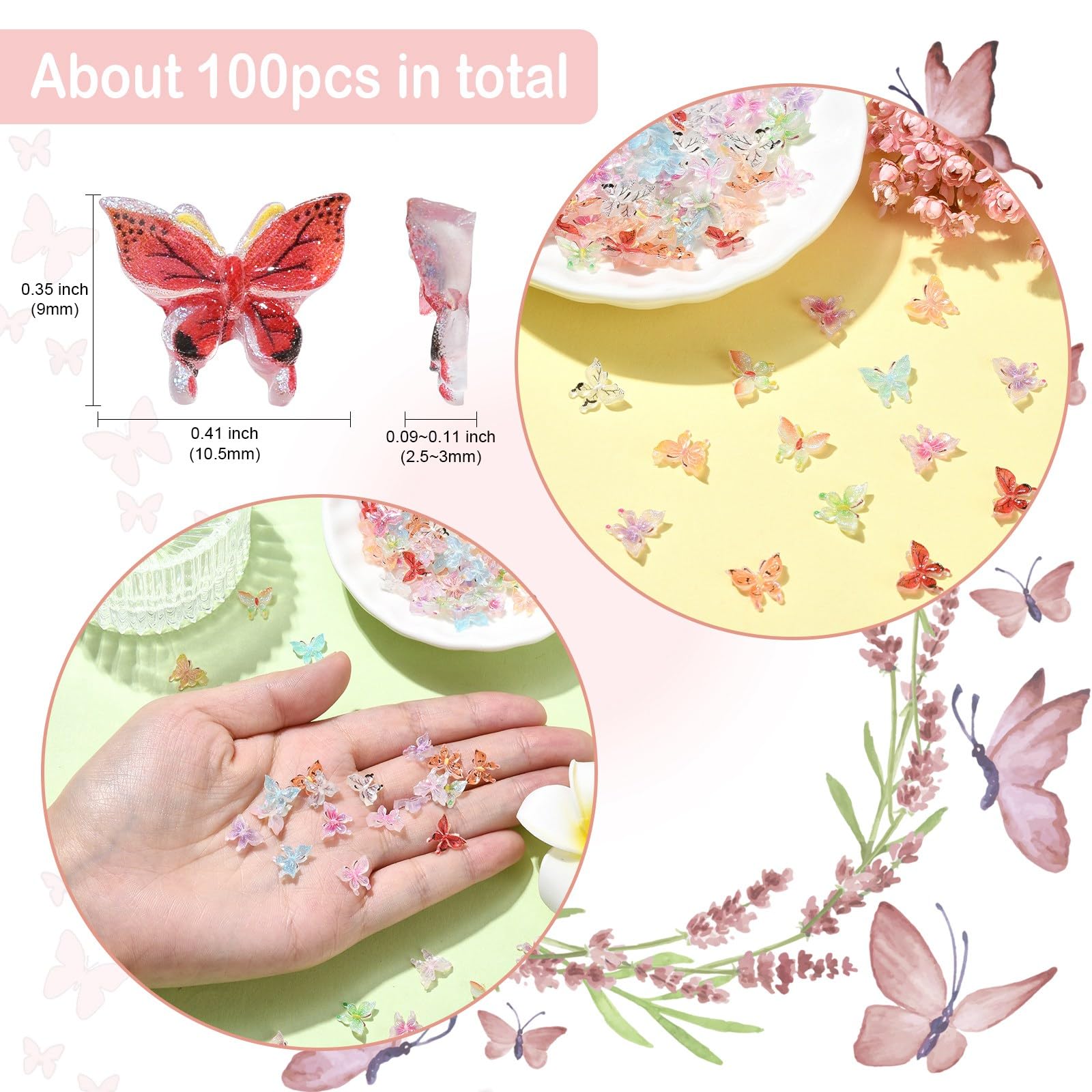 Ipotkitt 100 Pcs 10 Styles Resin Butterfly Cabochons Nail Art Accessories Flying Animal Nail Charms for Manicure DIY Crafts Phone Earring Decor Jewellery Making - Image 2