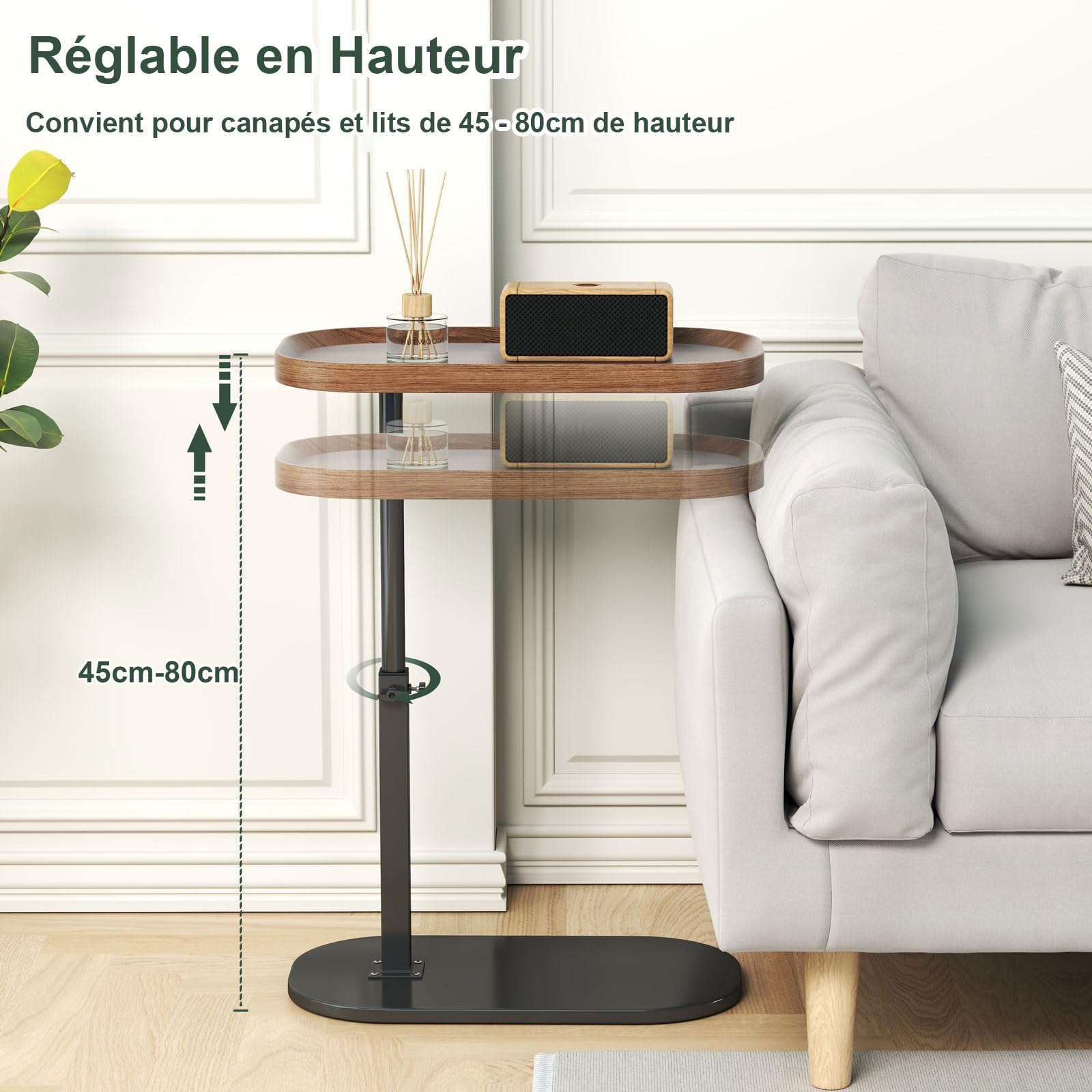 Table d'appoint en Forme de C reglable en Hauteur, 360 ° pivotante canapé Table d appoint, Mobile Petite café Moderne C Tables pour Salon/Chambre/Balcon, reglable Haute 45-80cm,Noyer