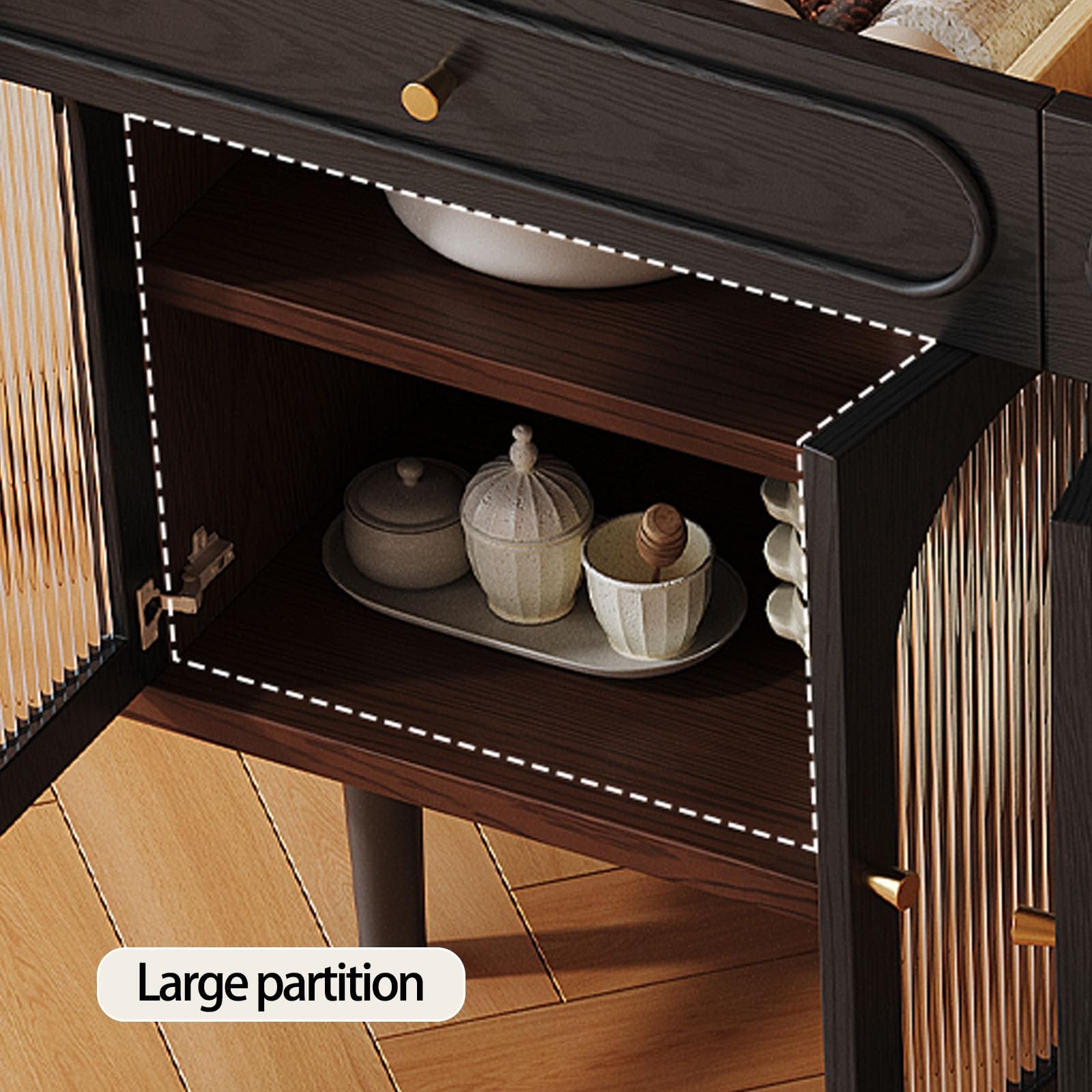 Buffet Cuisine, Meuble de Rangement D'appoint Style Années Portes Vitrées, Vaisselier avec Tiroirs, Grande Table de Bar/Coiffeuse(160cm/63in)