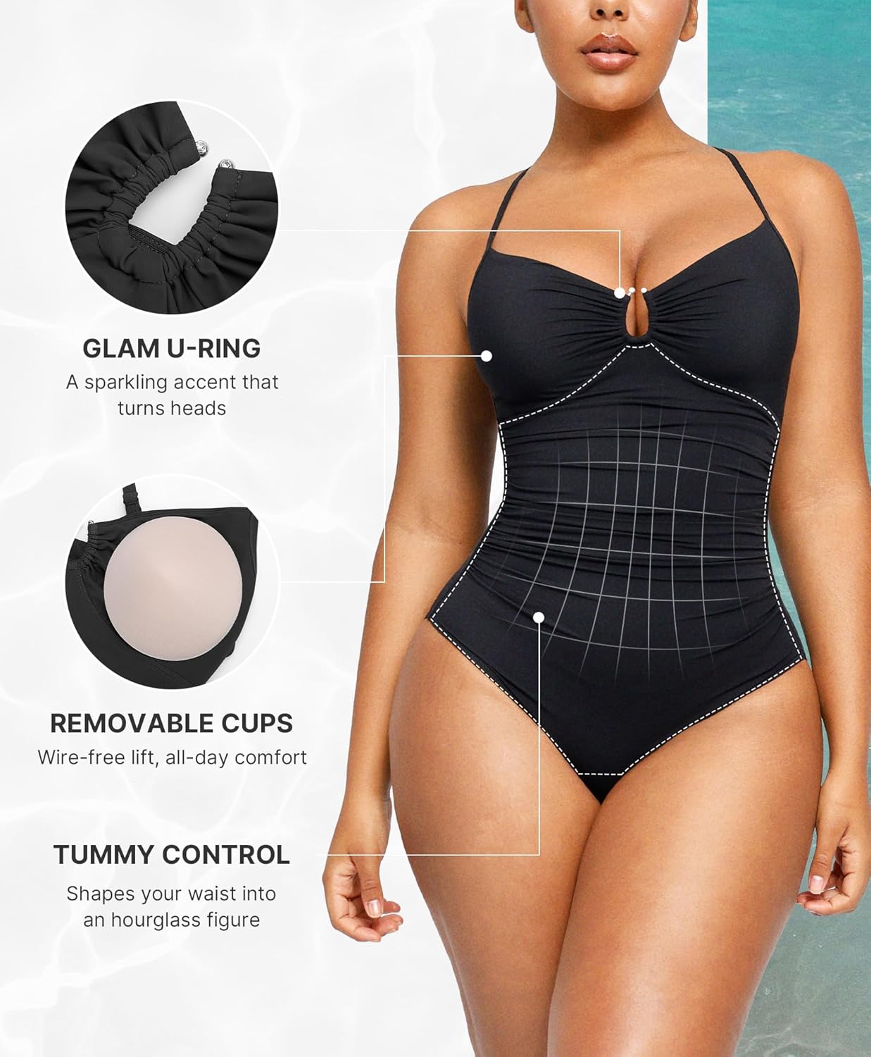 SHAPELLX Womens Swimsuits Tummy Control Bathing Suit Slimming One Piece U-Ring Shapewear Swimwear with Ruched Waist - Image 4