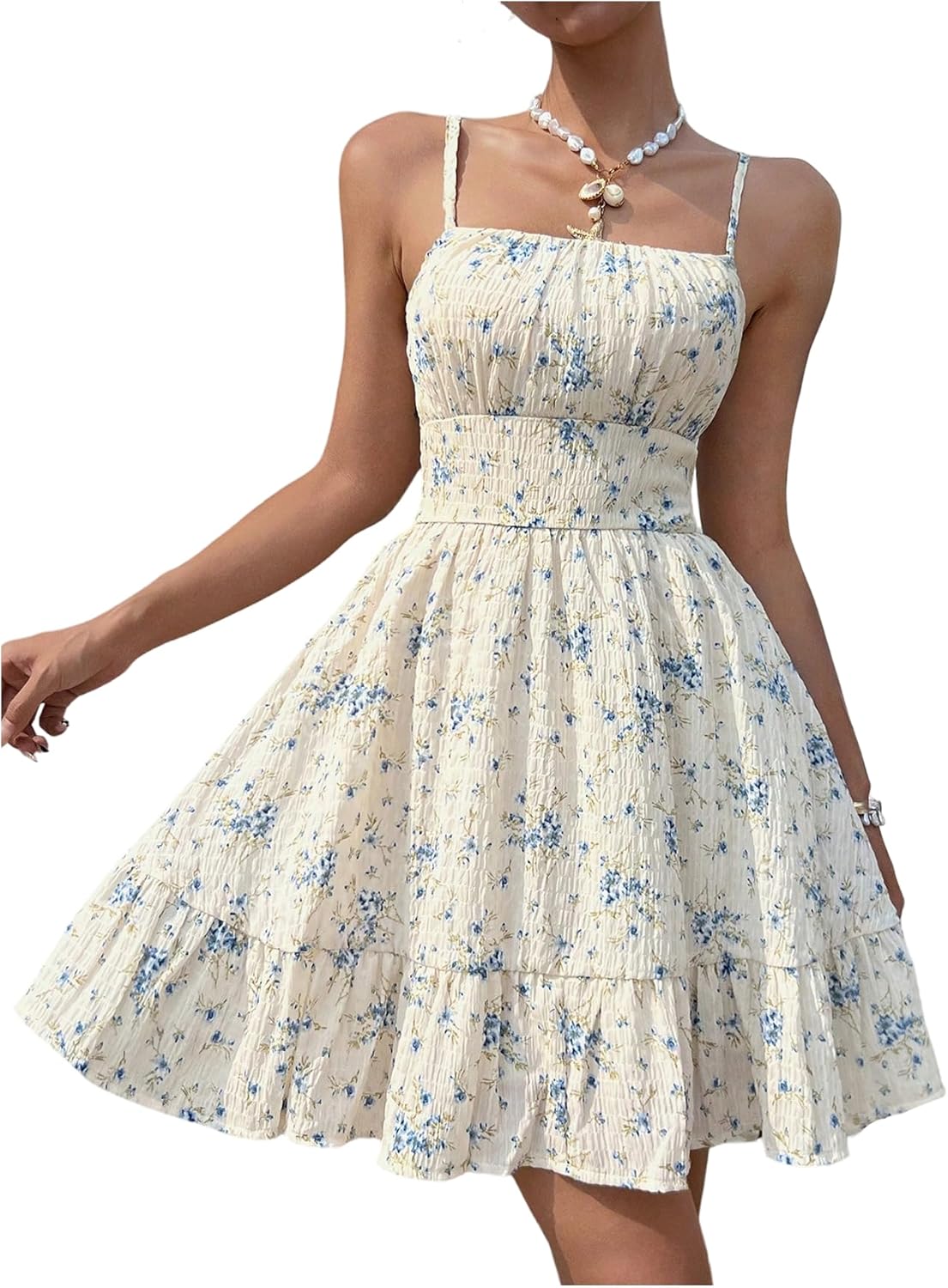 Verdusa Women's Boho Floral Shirred Sundress A Line Sleeveless Flowy Dresses